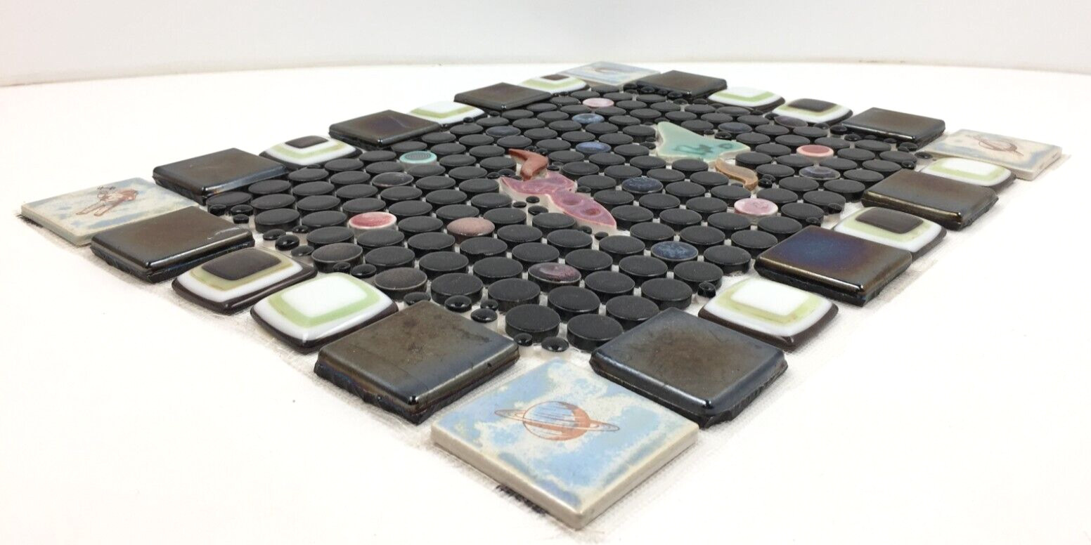 Tile Mosaic Panel, Ready To Install, Ceramic Glass Handmade Vintage 12.5 x 16