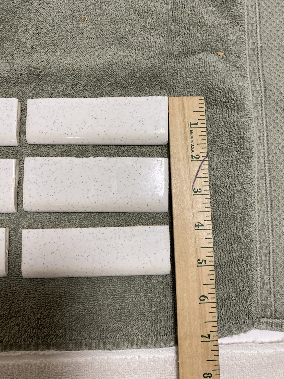9 Vintage (1950-60s) White Speckled Ceramic Tile – CUT BULLNOSE – 1.5×4.25
