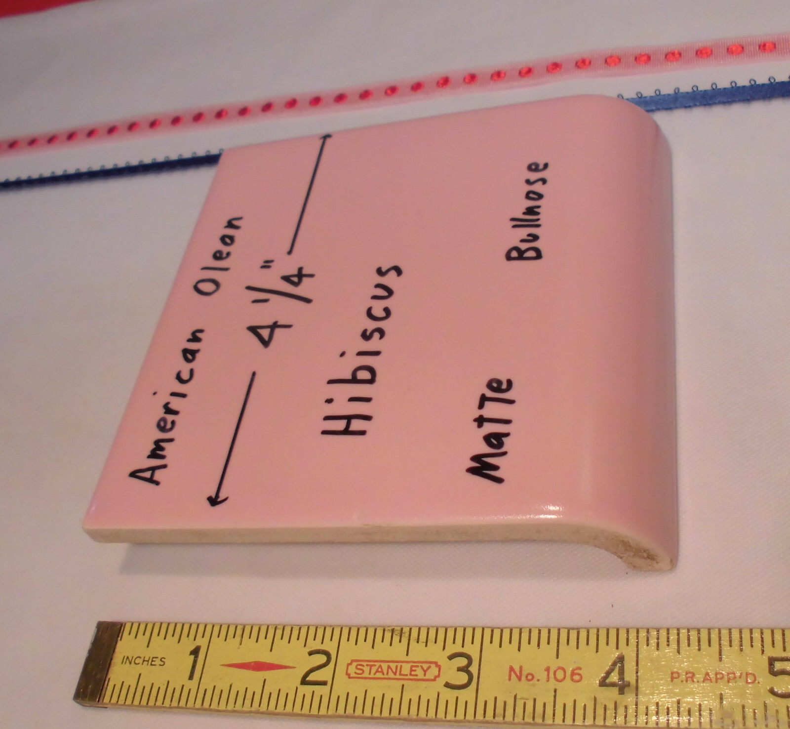 Hibiscus Pink; Matte Radius Bullnose Ceramic Tile 4-1/4″ American Olean, NOS