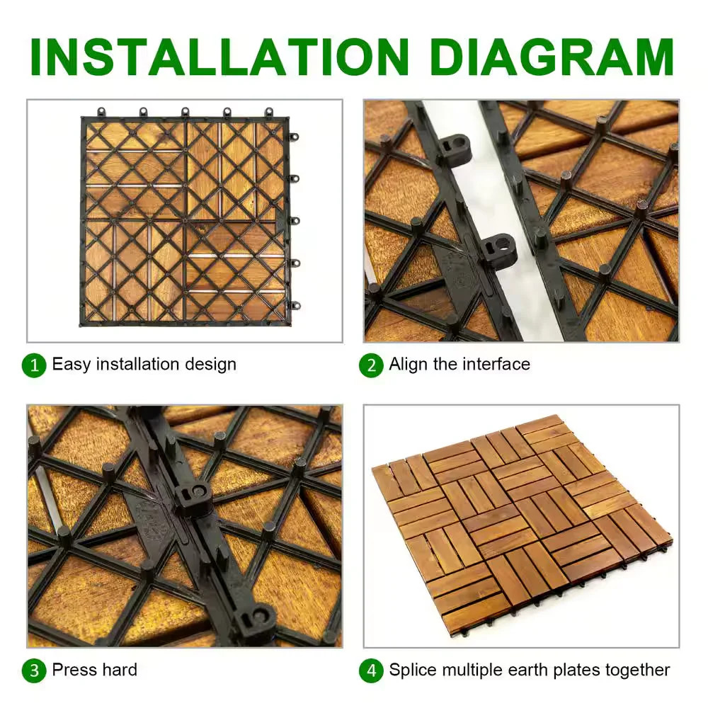 12×12 Acacia Wood Interlocking Deck Tiles Checker Pattern Brown 10 Pack