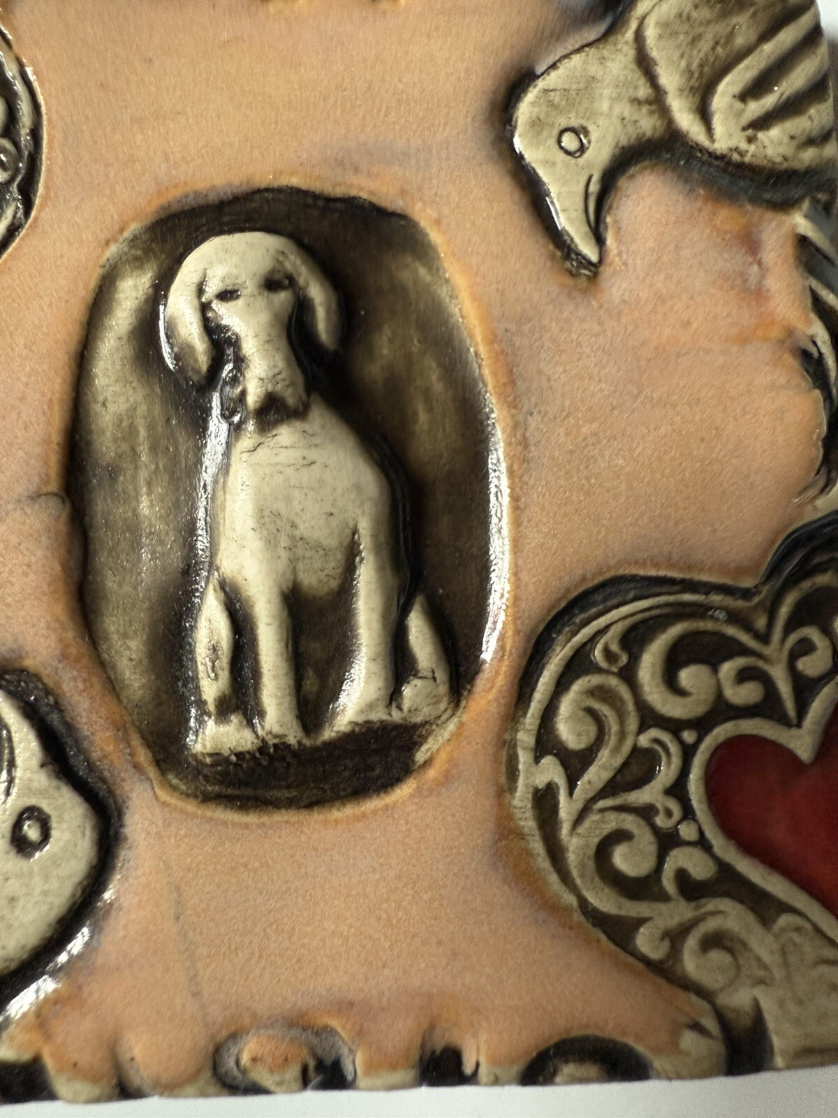 Carol Rose Dean Ceramic Art Tile Dog, birds, Heart 2008 Seattle WA 3.5″