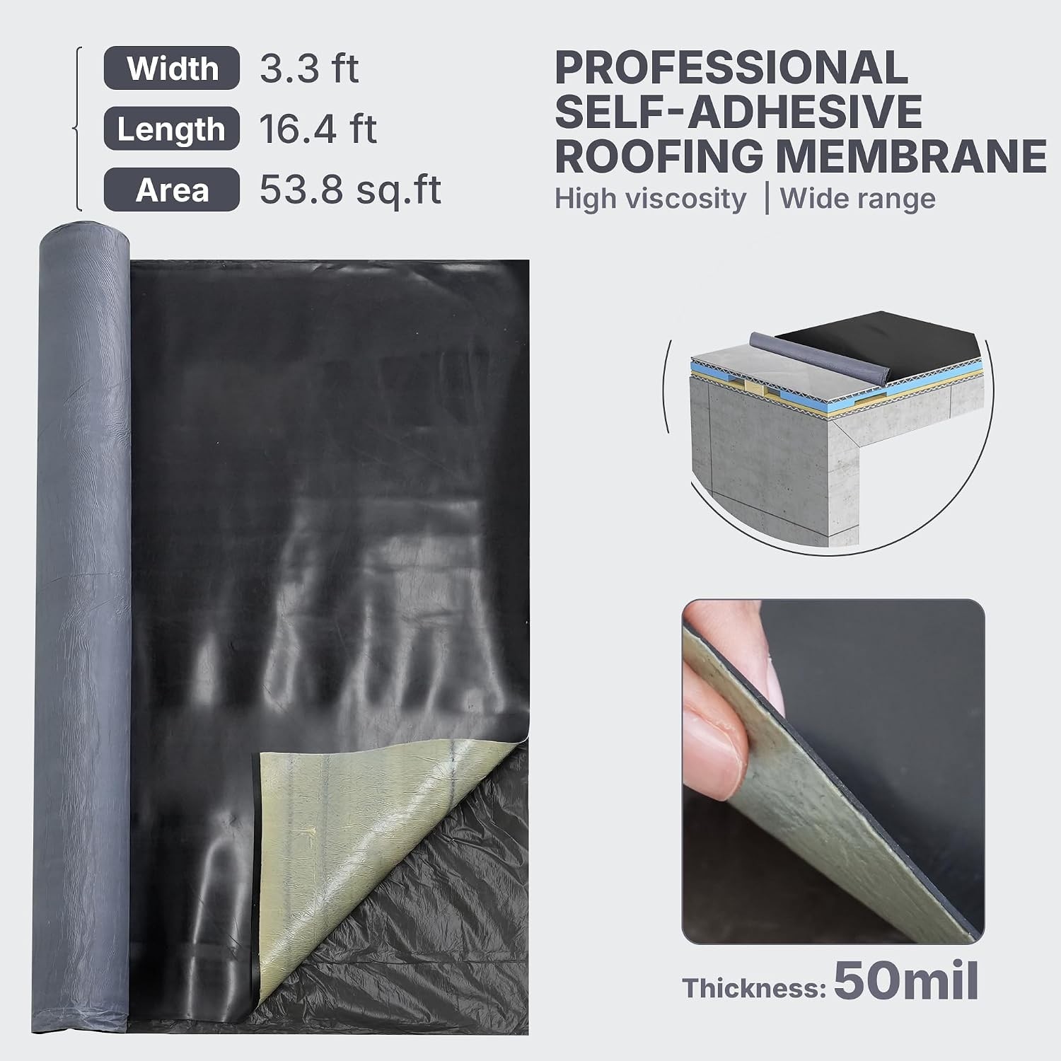 50 Mil EPDM Rubber Roofing Materials Roll 39 in x 16.4 ft | Self-Adhesive Waterp