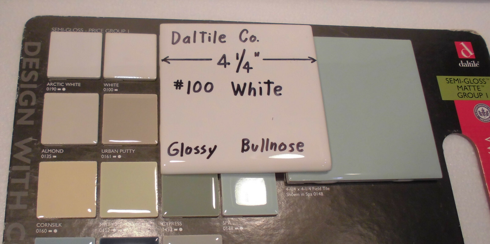 1 pc. White #100 by Daltile Co. 4-1/4″ Ceramic Surface Bullnose Tile; New Flat