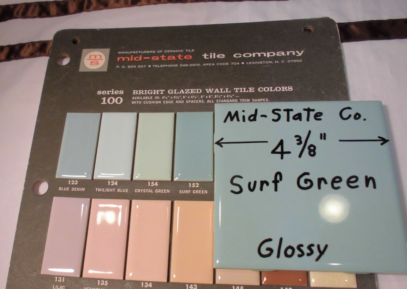 1 pc. Vintage Ceramic Tile *Surf Green* 4-3/8″ by Mid-State Tile Co. (NOS)
