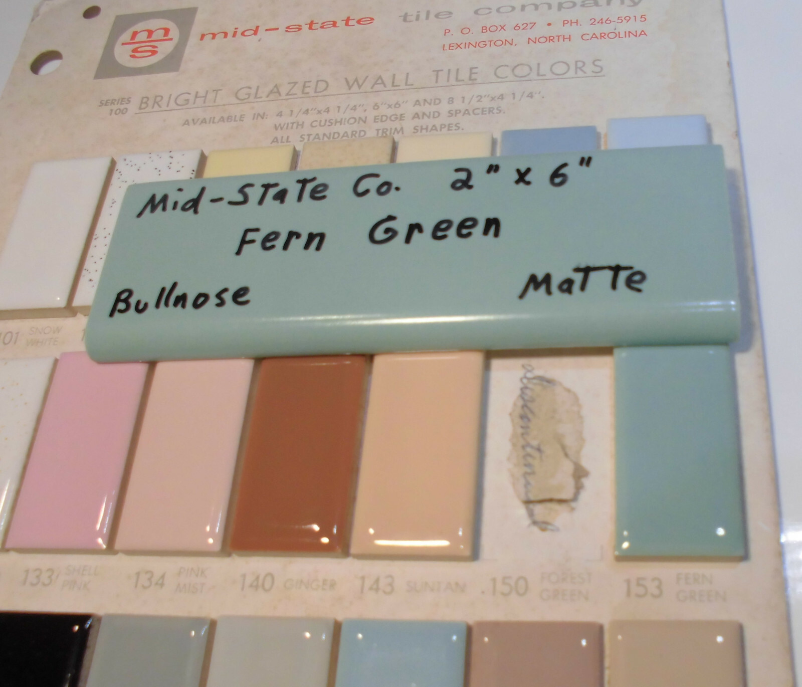 1 pc. Vintage *Fern Green* 2” X 6” Matte Ceramic Bullnose Tile by Mid-State Co.