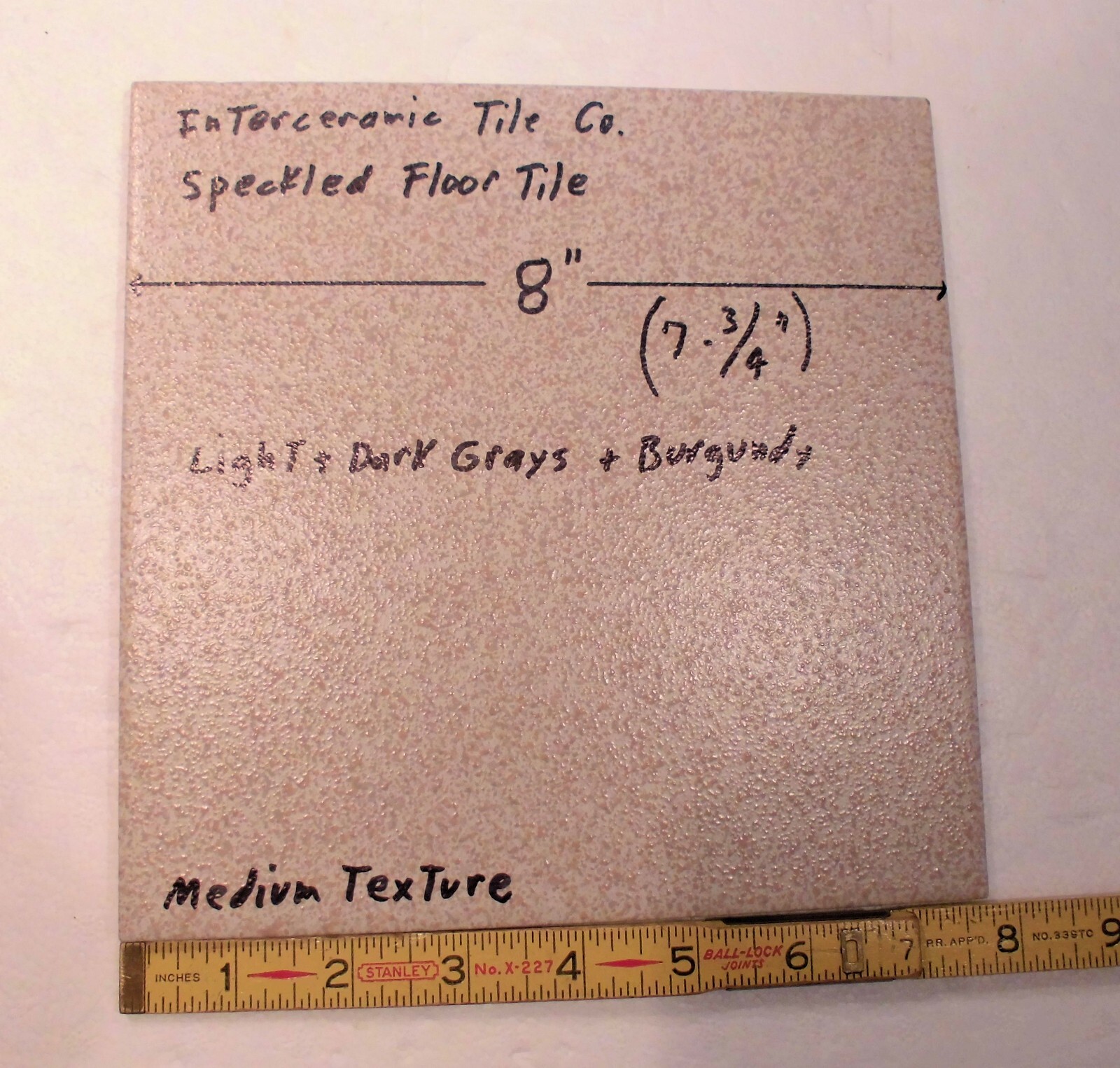 1 pc. Speckled: 7-3/4″ Ceramic Floor Tile: Light + Dark Grays with Burgundy, NEW