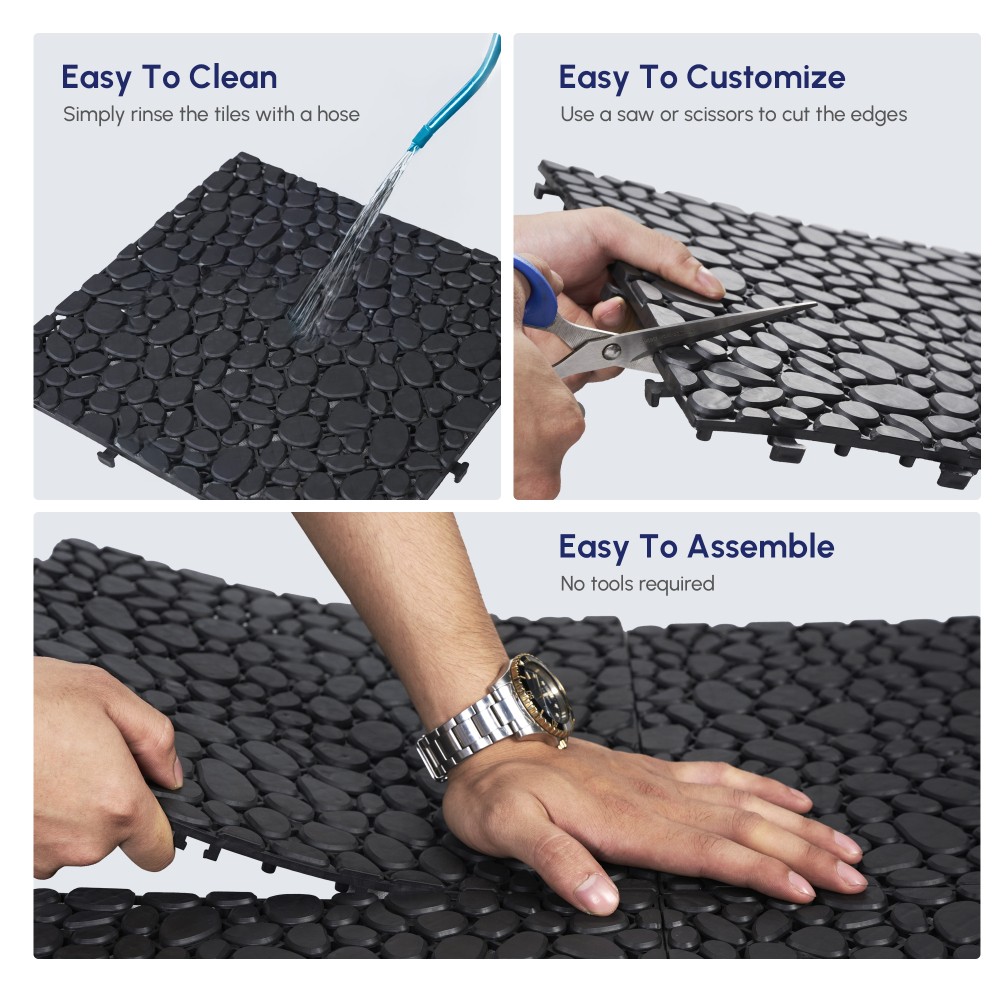 60Pcs 12 x 12 Inch Black Interlocking Deck Tiles Plastic Anti-slip Bathroom