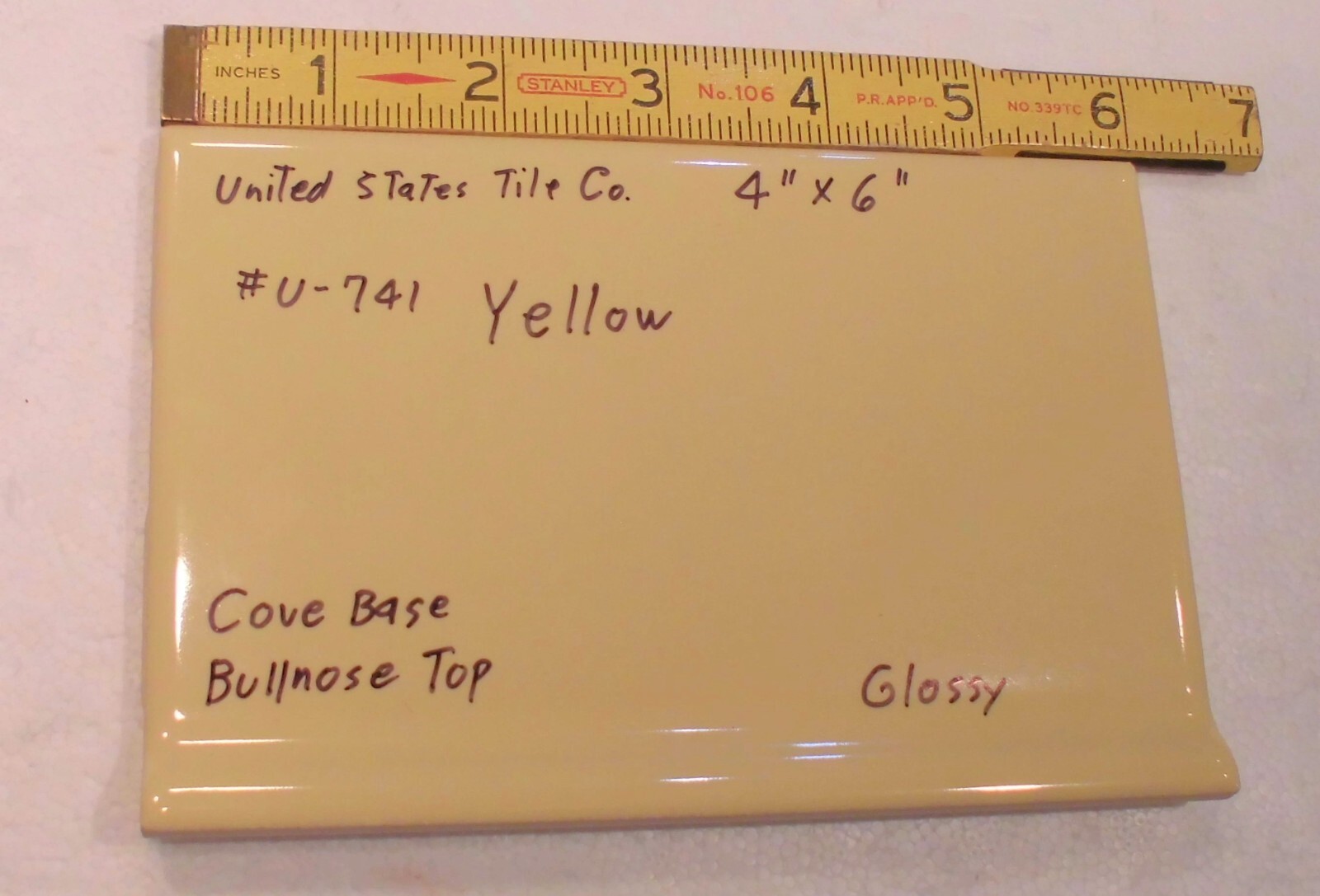 1 pc. Bright Yellow: Cove Base Ceramic Tile: Bullnose Top, Glossy 4″ X 6″ NEW