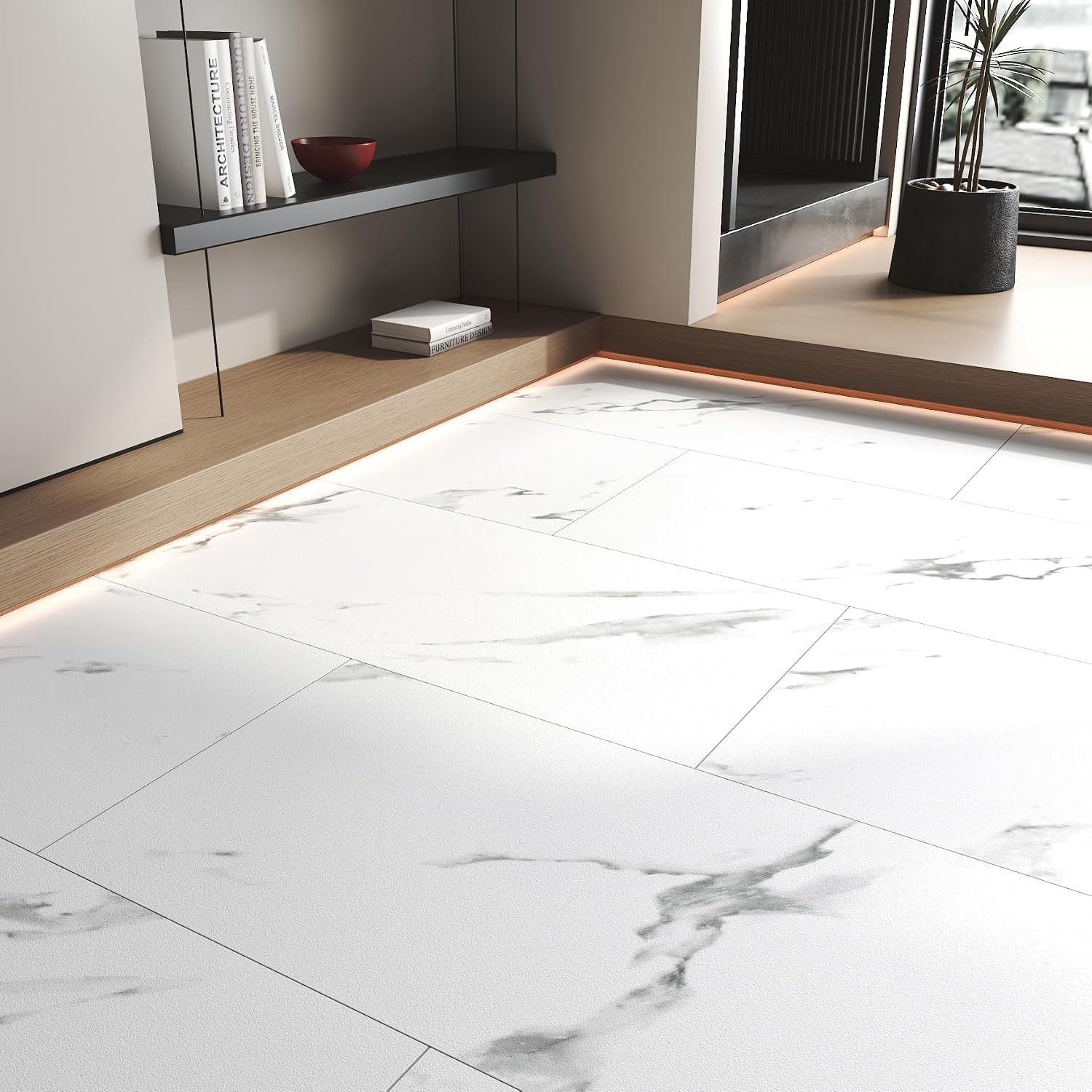 12″x24 Carrara Marble Peel and Stick Floor Tile White Floor Tiles Peel and Stick
