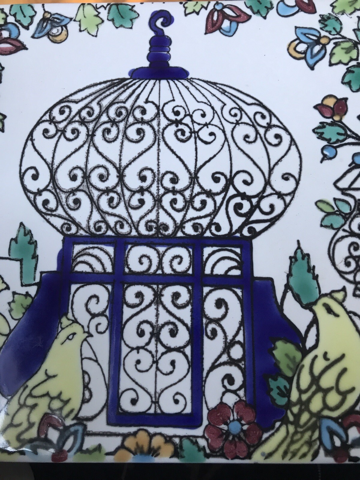 VTG Ceramic Tile Art Birdcage Birds Floral Scroll Decorative Hand Painted 8×8