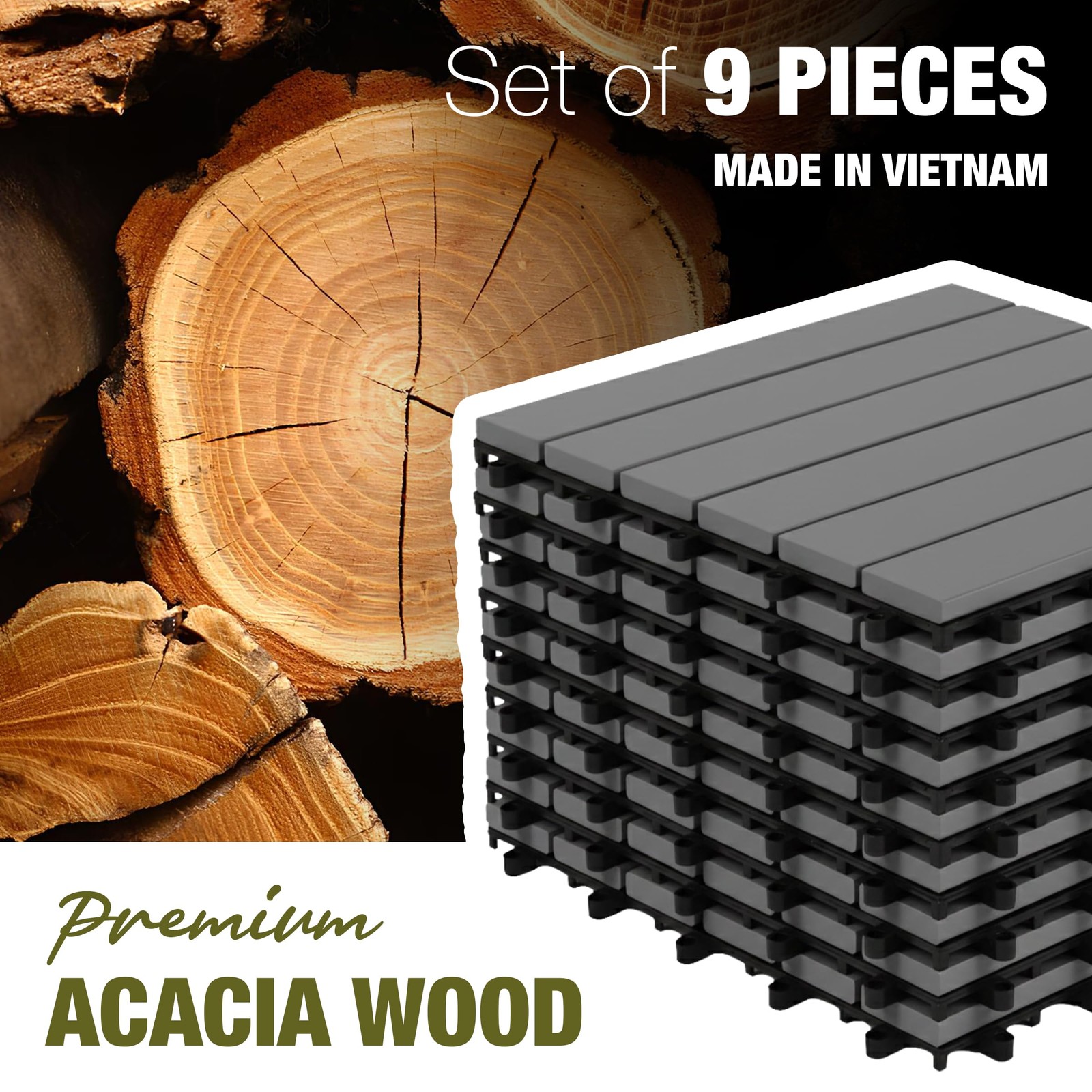 GREEN ALLUVIUM Premium Acacia Wood Interlocking Deck Tiles, 12×12 Inch, Gray