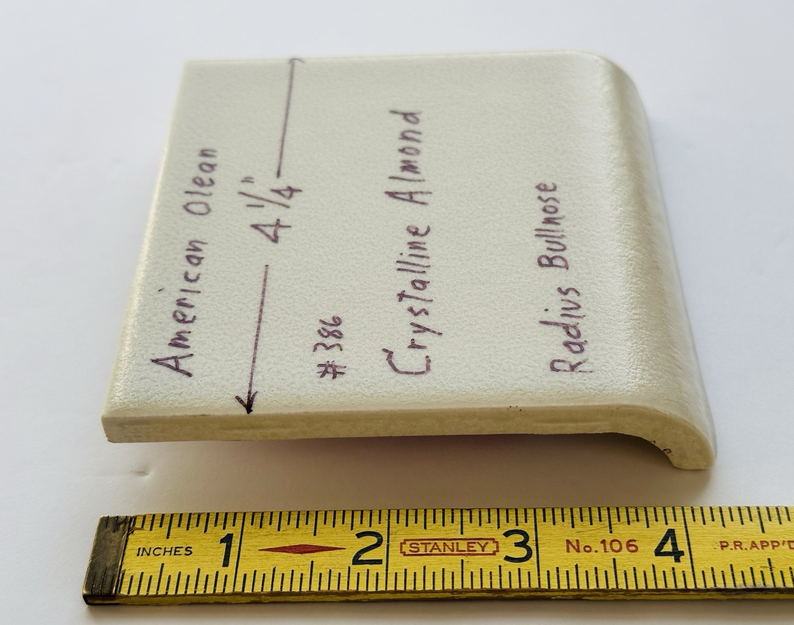 1 pc. Almond: Crystalline Ceramic Radius Bullnose Tile 4-1/4” American Olean