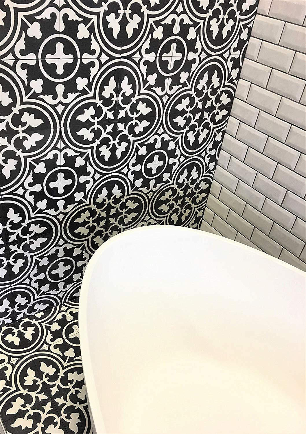 Flora Encaustic White Black 8×8 Honed Finish Genuine Cement Wall Tile Floor