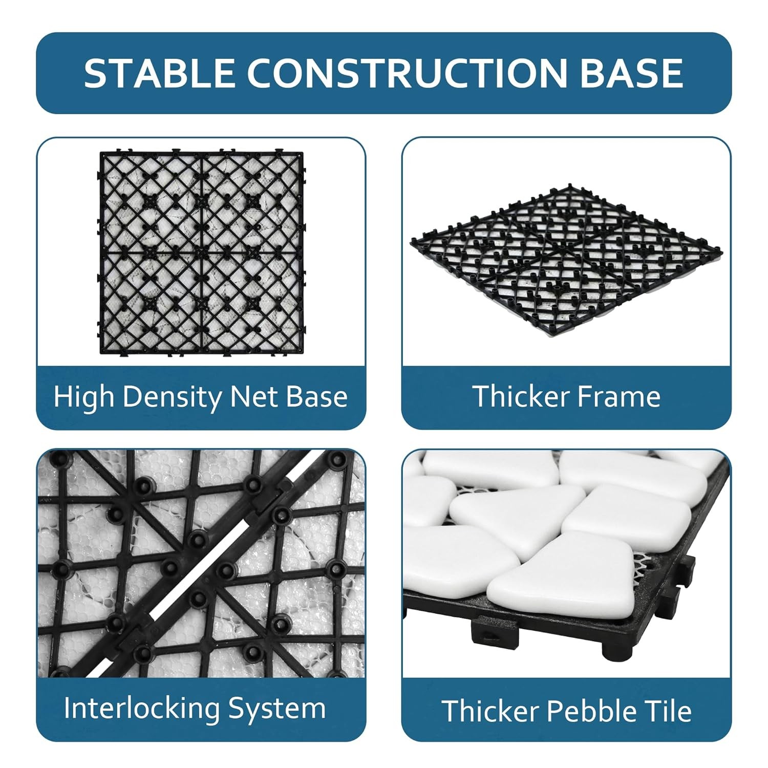 4PCS Natural Stone Interlocking Deck Tiles 12″x12″ Pebble Waterproof Patio Deck