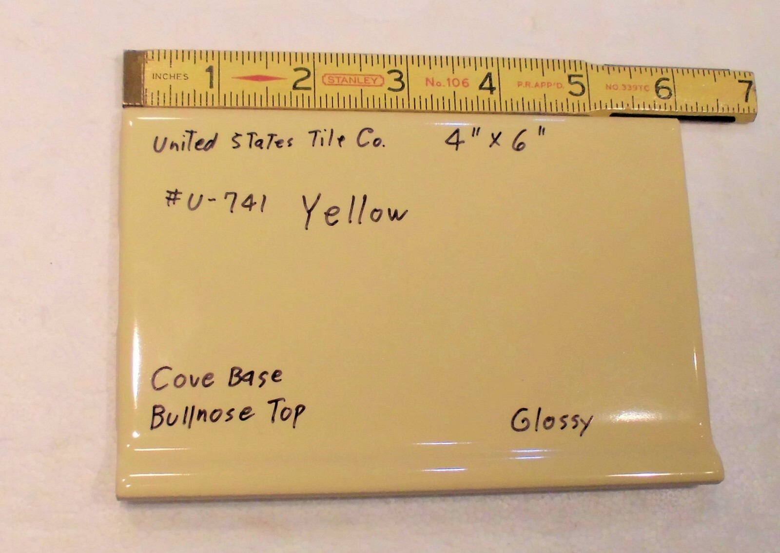 1 pc. Bright Yellow: Cove Base Ceramic Tile: Bullnose Top, Glossy 4″ X 6″ NEW
