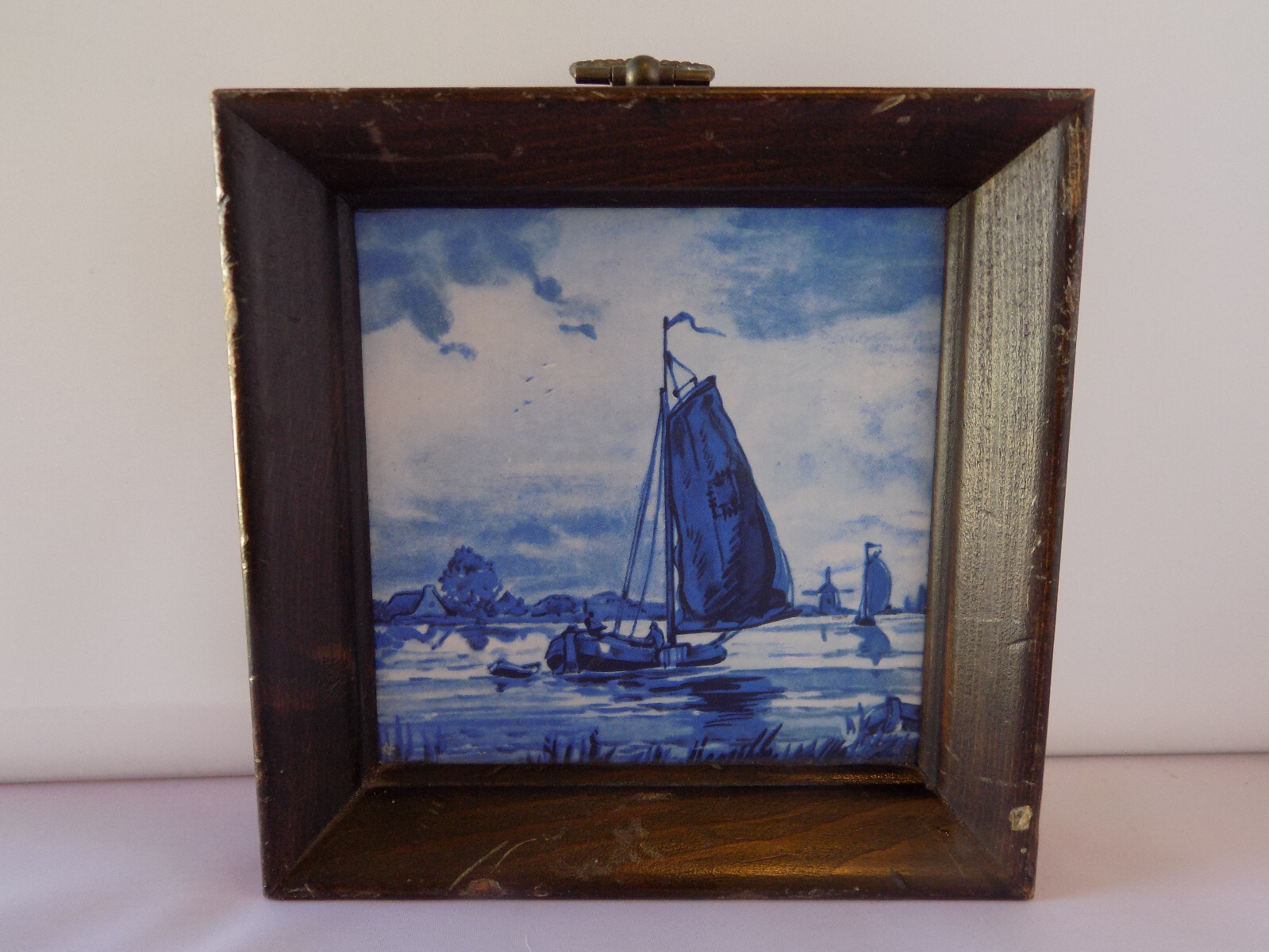 Set of 2 H&R Johnson Ceramic Tile Framed Blue Painted Sail Boats Ships Natutical