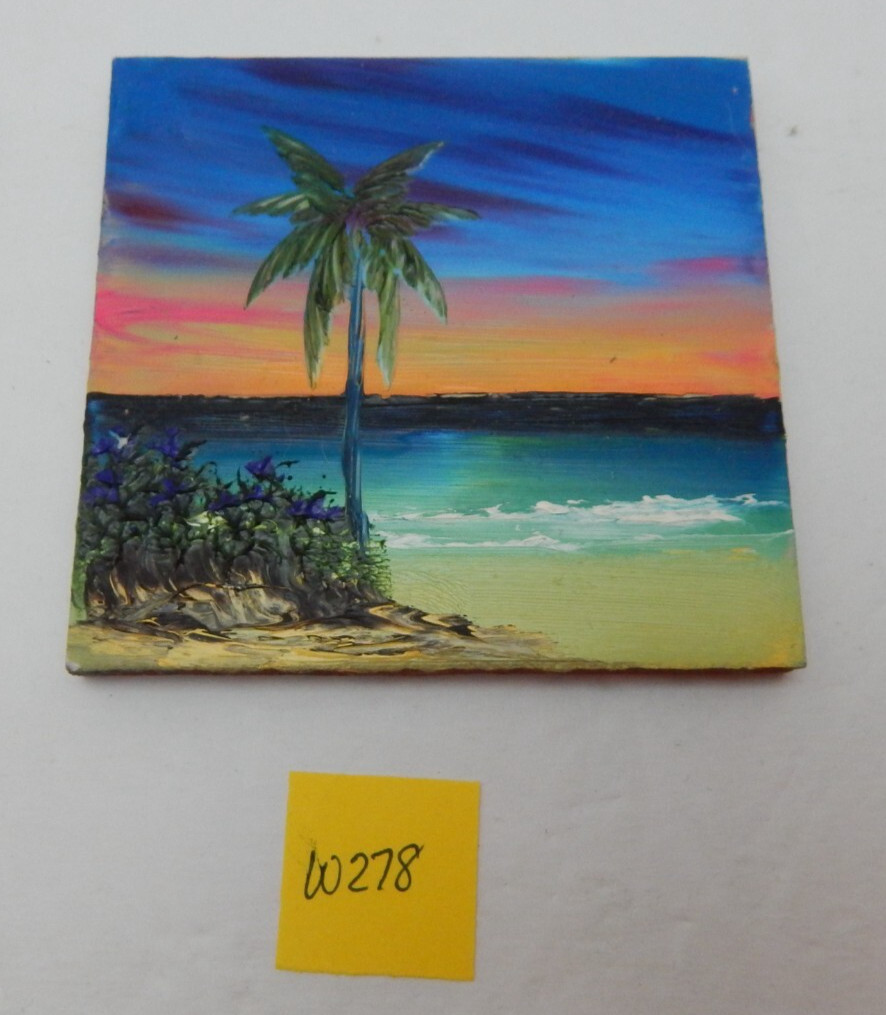 Painted Clay Tile Beach Water Palm Tree Sunset 4 In X 4 In Bathroom Kitchen w278