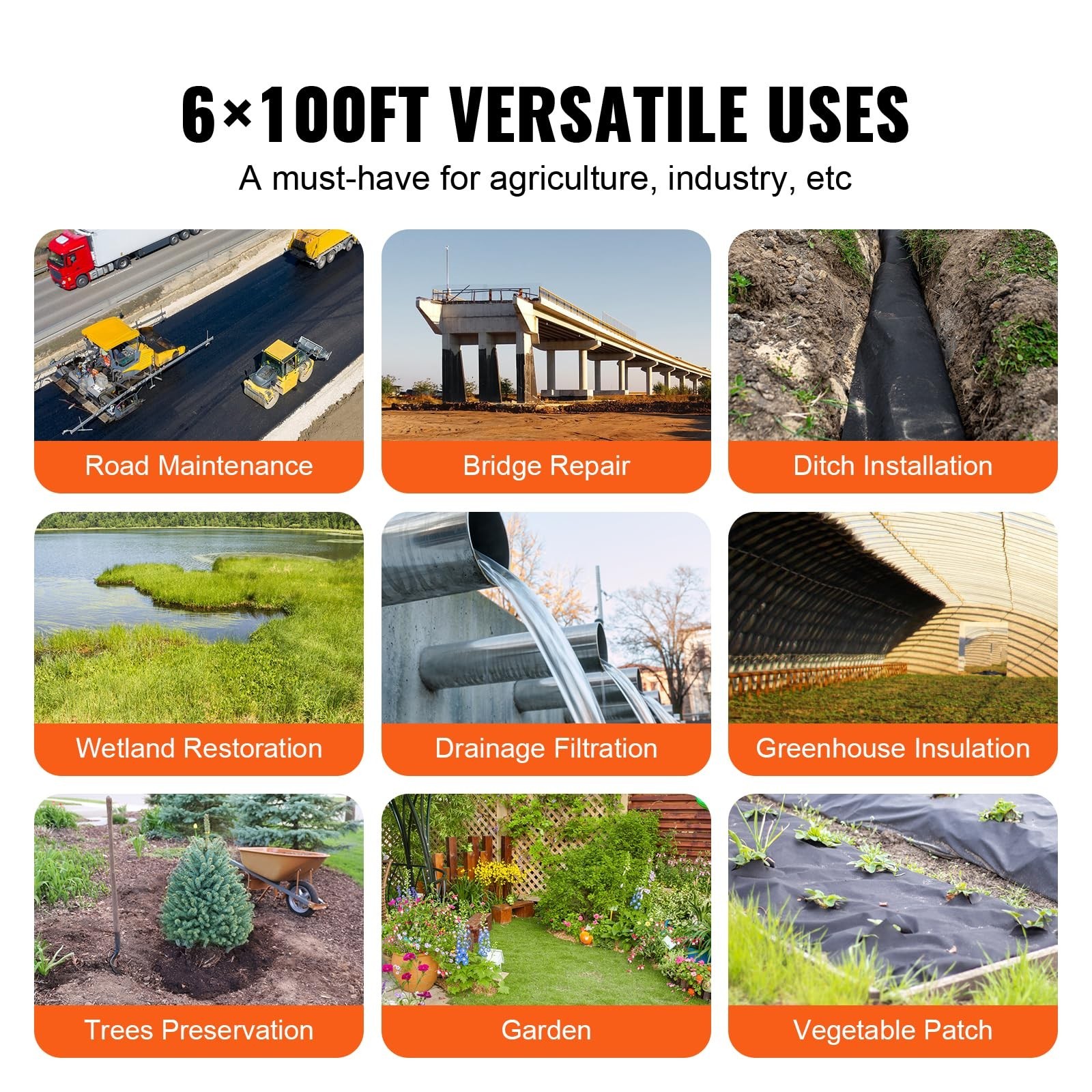 6FTx100FT Heavy Duty Non-Woven Geotextile Fabric for Driveway, Garden, Drainage,