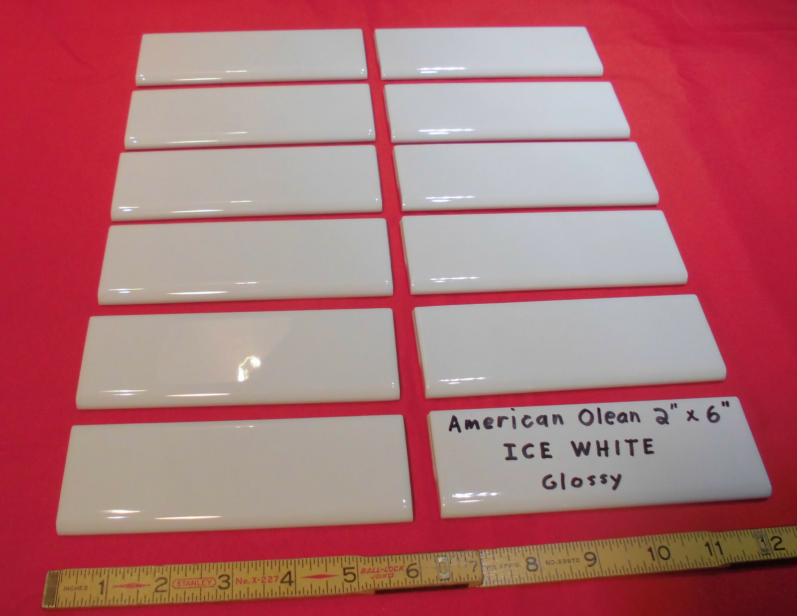 12 pcs. *Glossy Ice White* 2″ X 6″ Bullnose Ceramic Tiles; American Olean, New