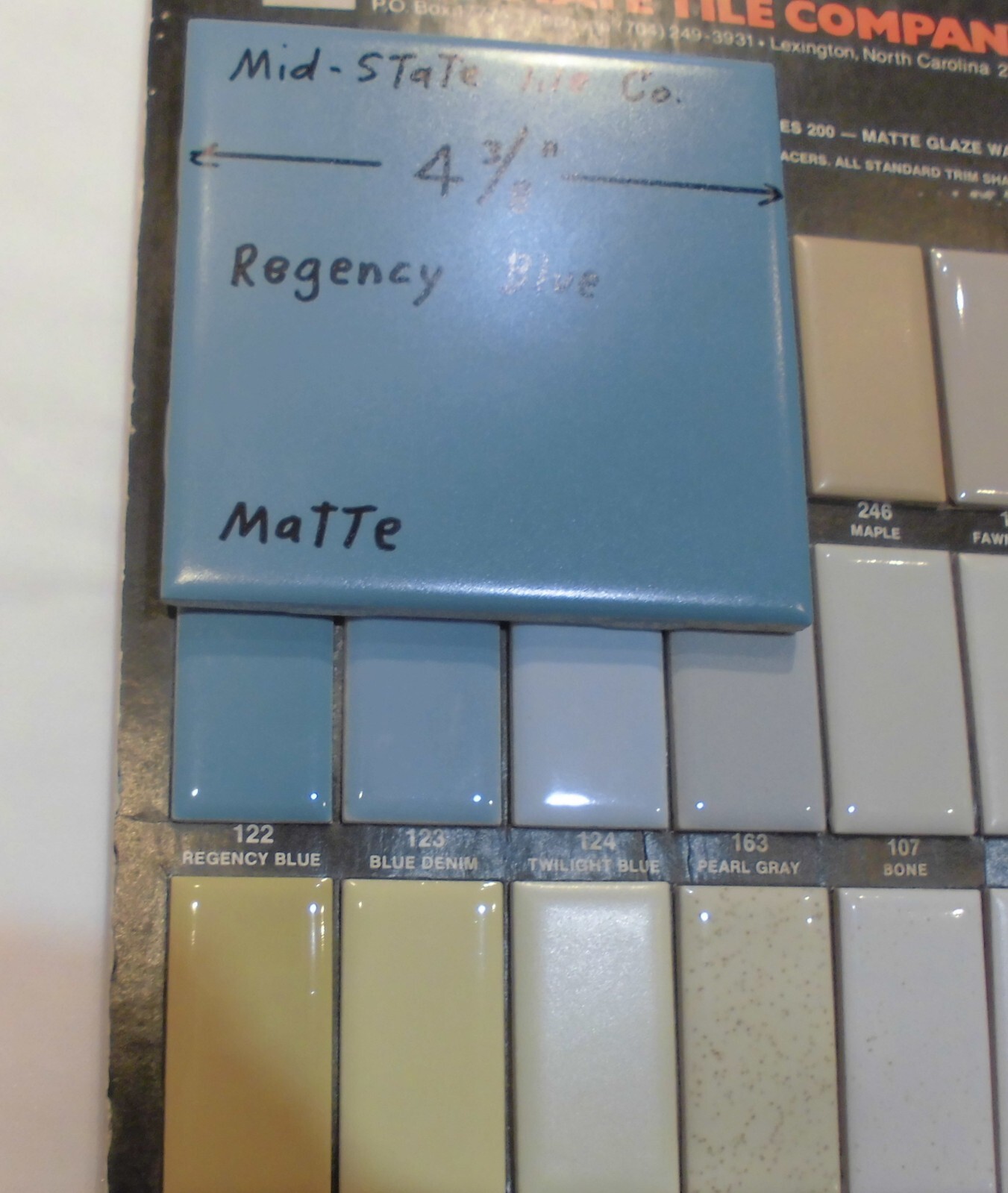 1 pc. Regency Blue: Matte Ceramic Tile 4-3/8″ by Mid-State Tile Co. NOS