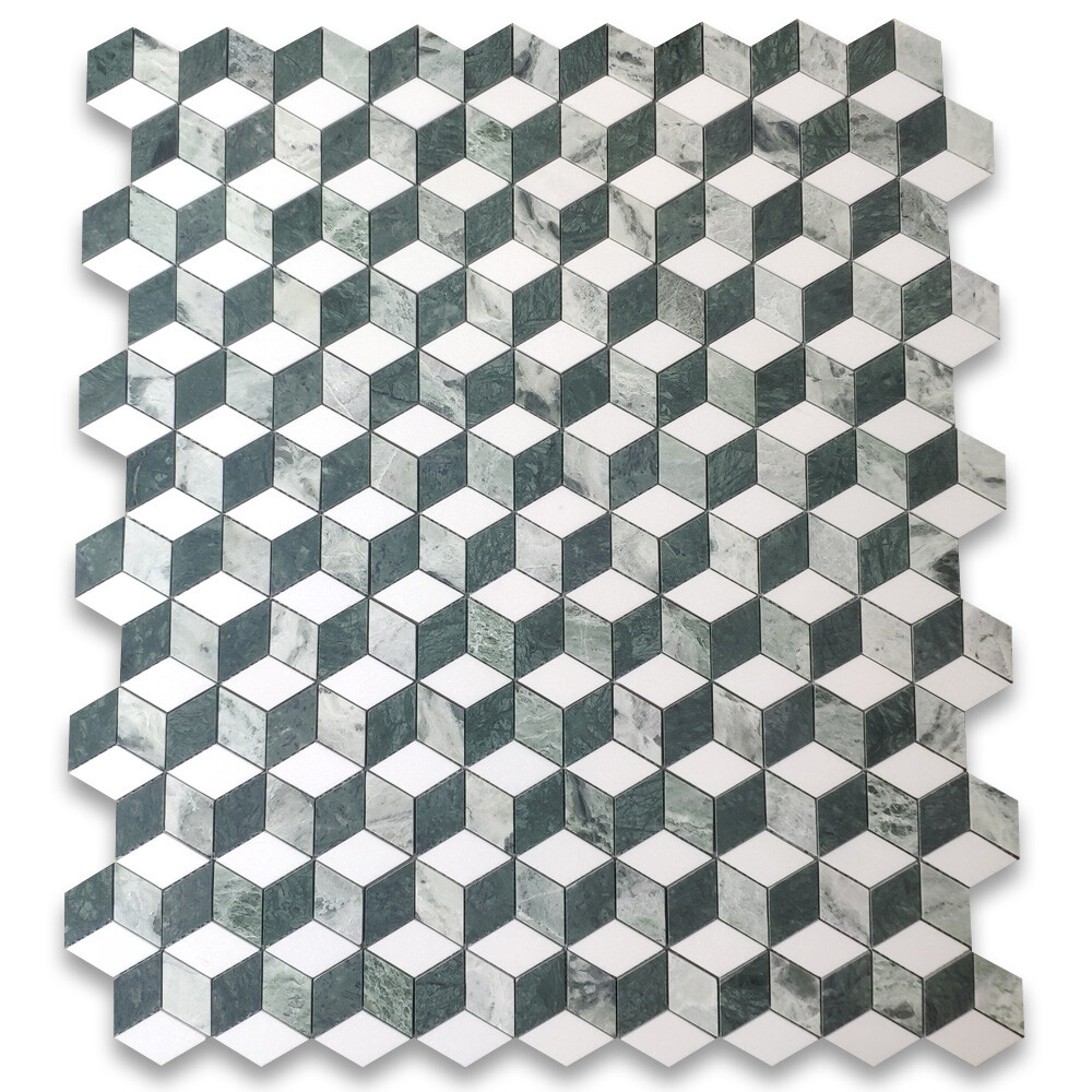 T34K2XH Thassos White Marble 3D Cube Rhombus Hexagon Mosaic Tile Green Honed