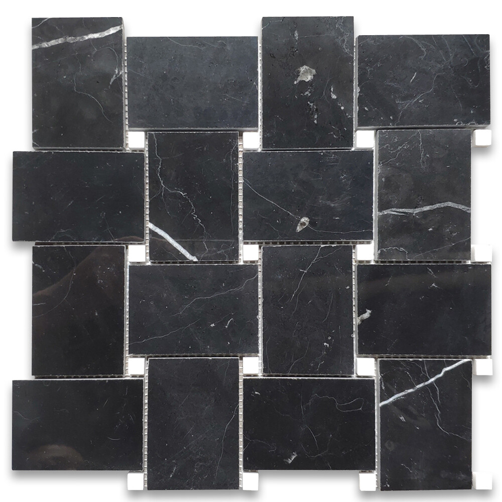 N665XP Nero Marquina Black Marble Basketweave Mosaic Tile White Dots Polished