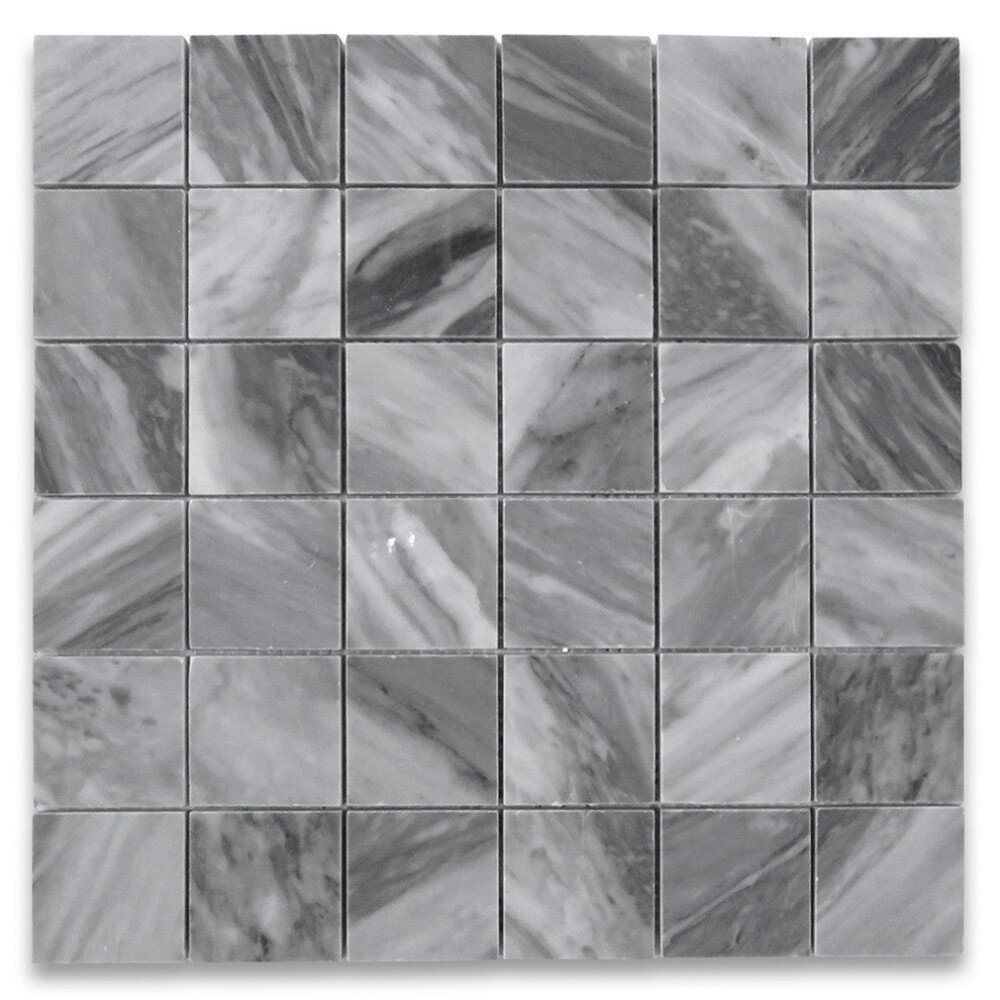K25XP Bardiglio Gray Dark Grey Marble 2×2 Grid Square Mosaic Tile Polished