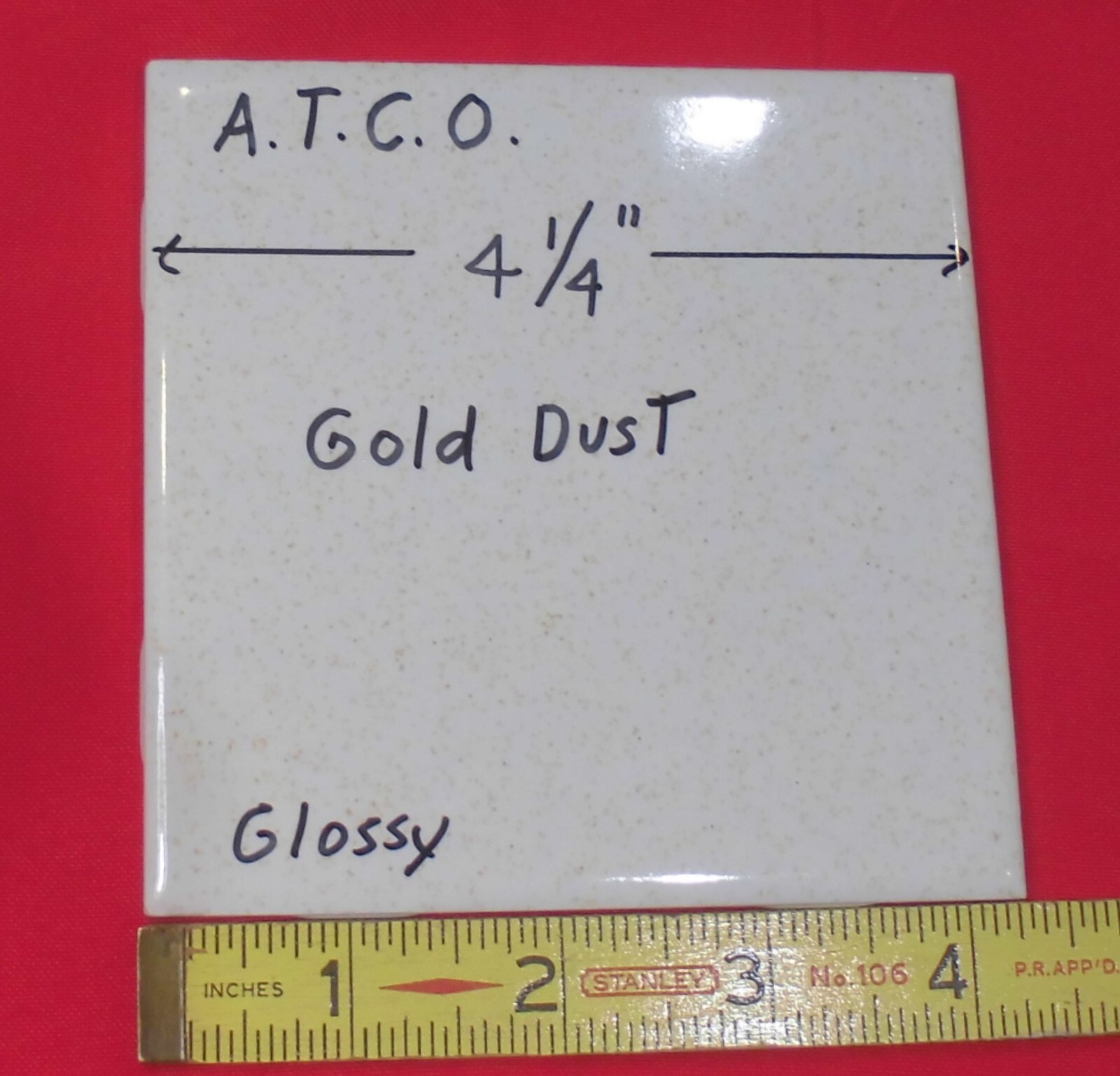 1 pc. *Gold Dust* 4-1/4″ Glossy Ceramic Tile: by A.T.C.O. white + gold specks