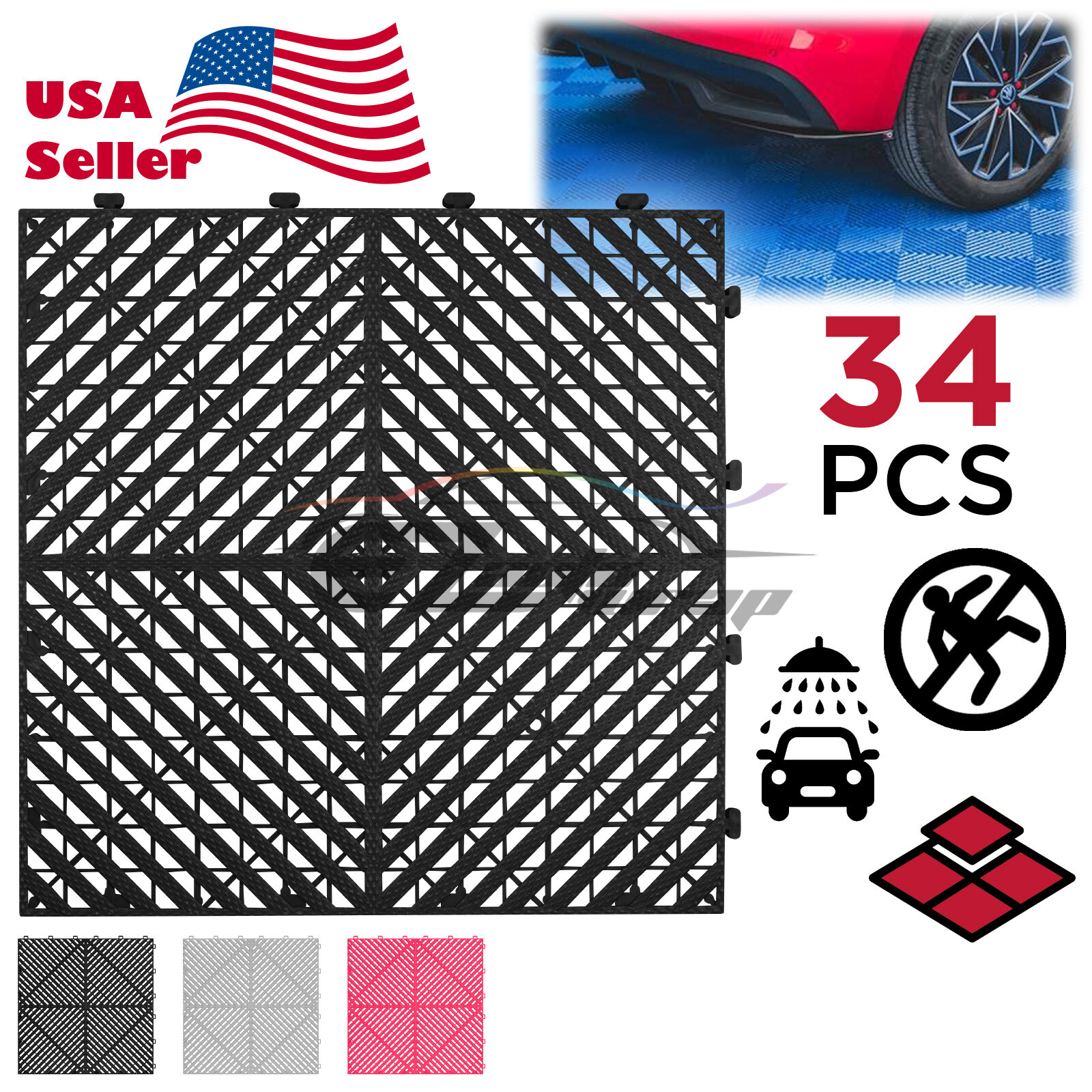 34pcs 16″x16″ Black Garage Floor Mat Perforated Flooring Tile Shop Interlocking