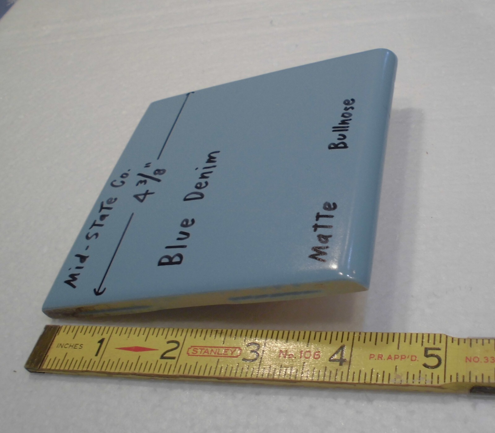 1 pc. Blue Denim: Matte Ceramic Bullnose Tile 4-3/8″ by Mid-State Co. NOS