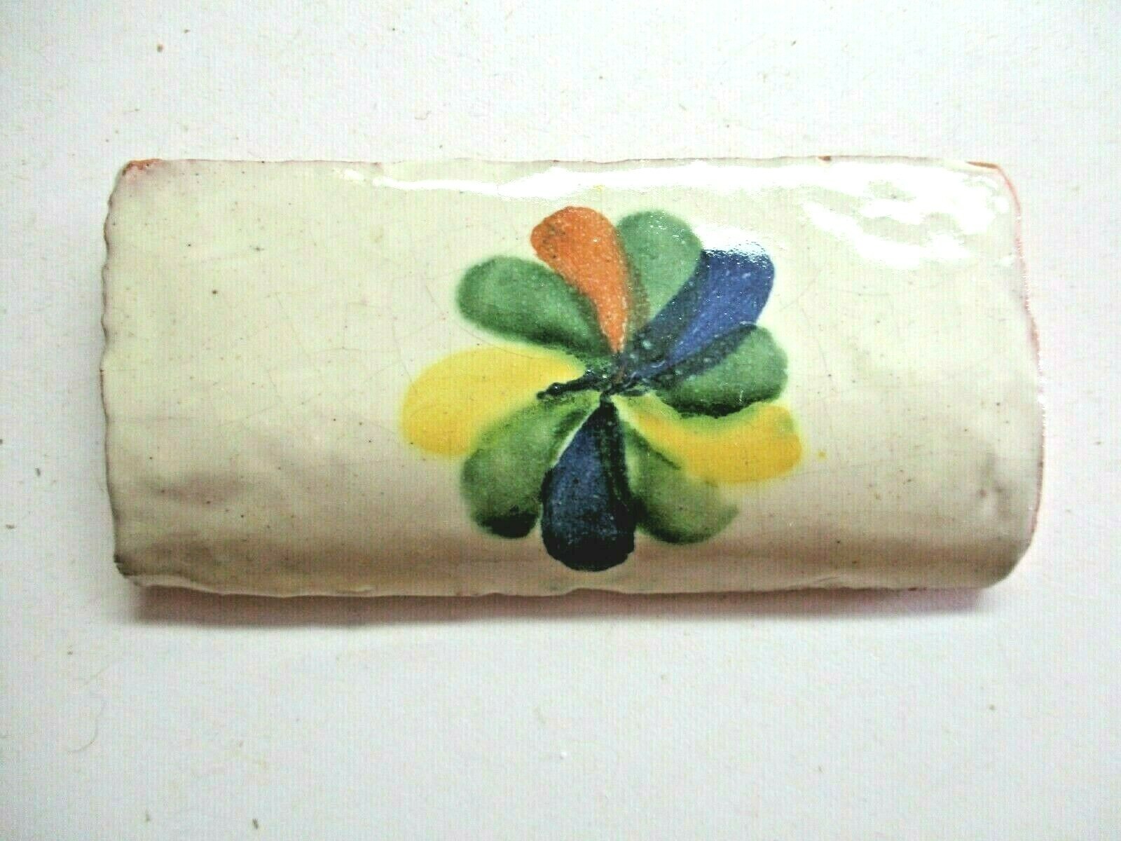 1 Tile Terracotta 4″x2 Radius Curved Wall Cap Outside Corner Flower Handmade Vtg