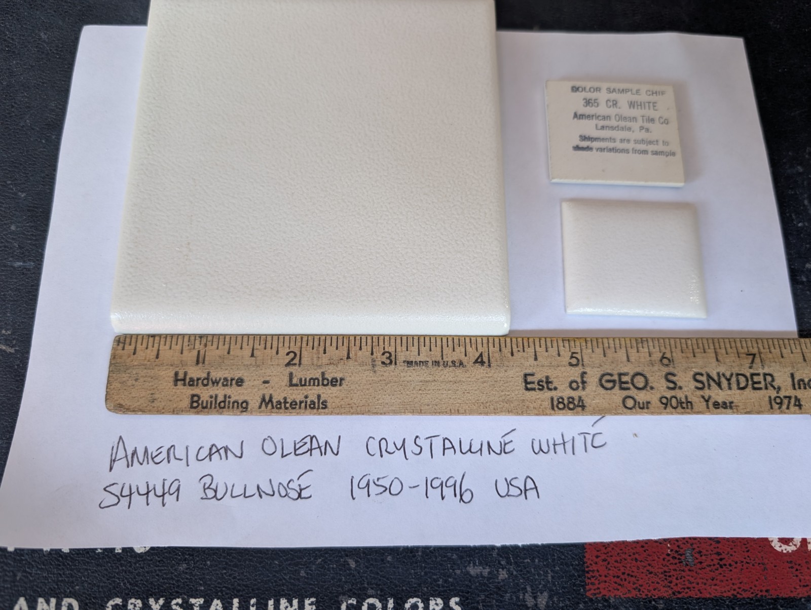 2 pc American Olean Crystalline White ceramic tile 4-1/4″ #365 Bullnose 60s 70s