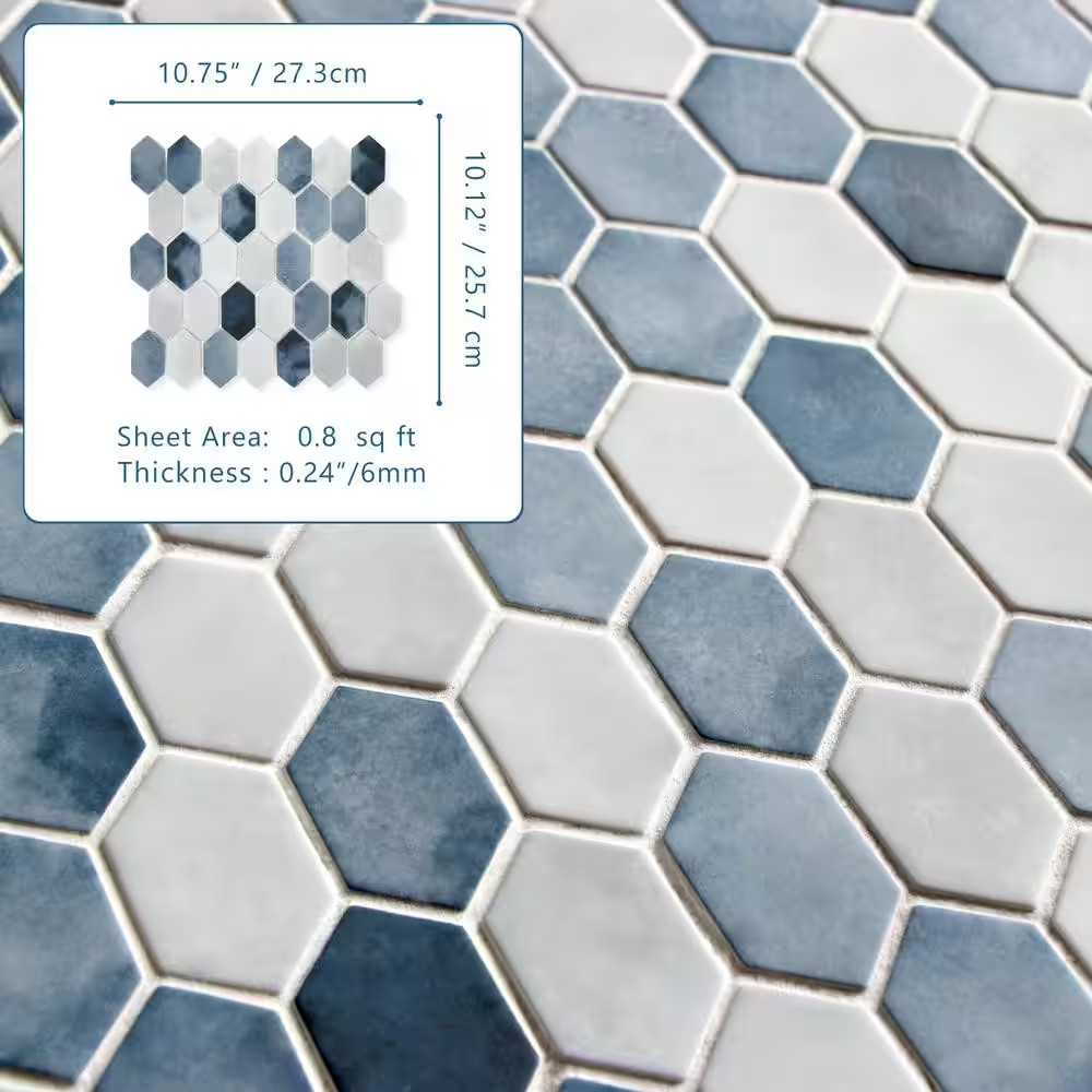 Picket Blue Mix 10.7 In. X 10.1 In. Long Hexagon Recycled Glass Cement Looks Mos