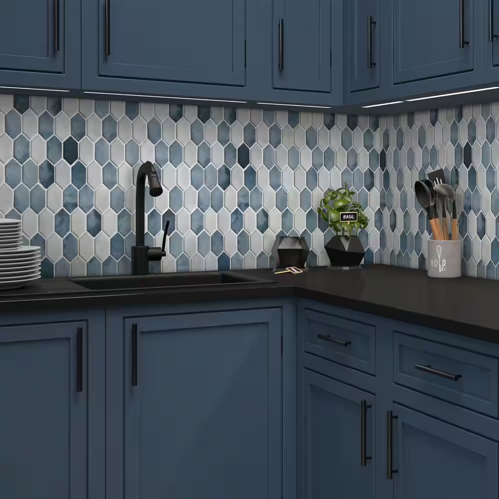 Picket Blue Mix 10.7 In. X 10.1 In. Long Hexagon Recycled Glass Cement Looks Mos