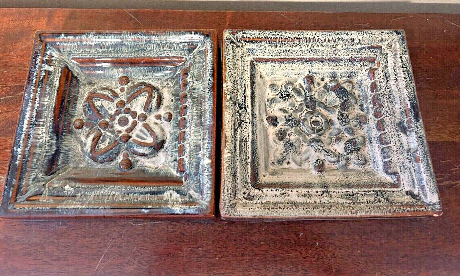 2 Decorative Square Rustic Ceramic Pottery Tiles Wall Hangers 6.5 x 6.5 in