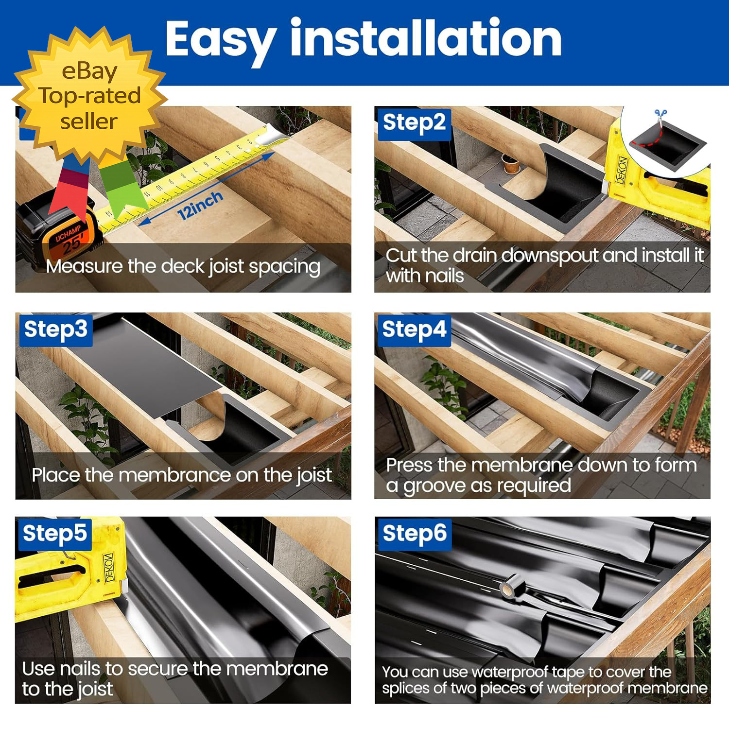 50FT Under Deck Drainage System Black HDPE Waterproof Membrane 12 Inch Joist