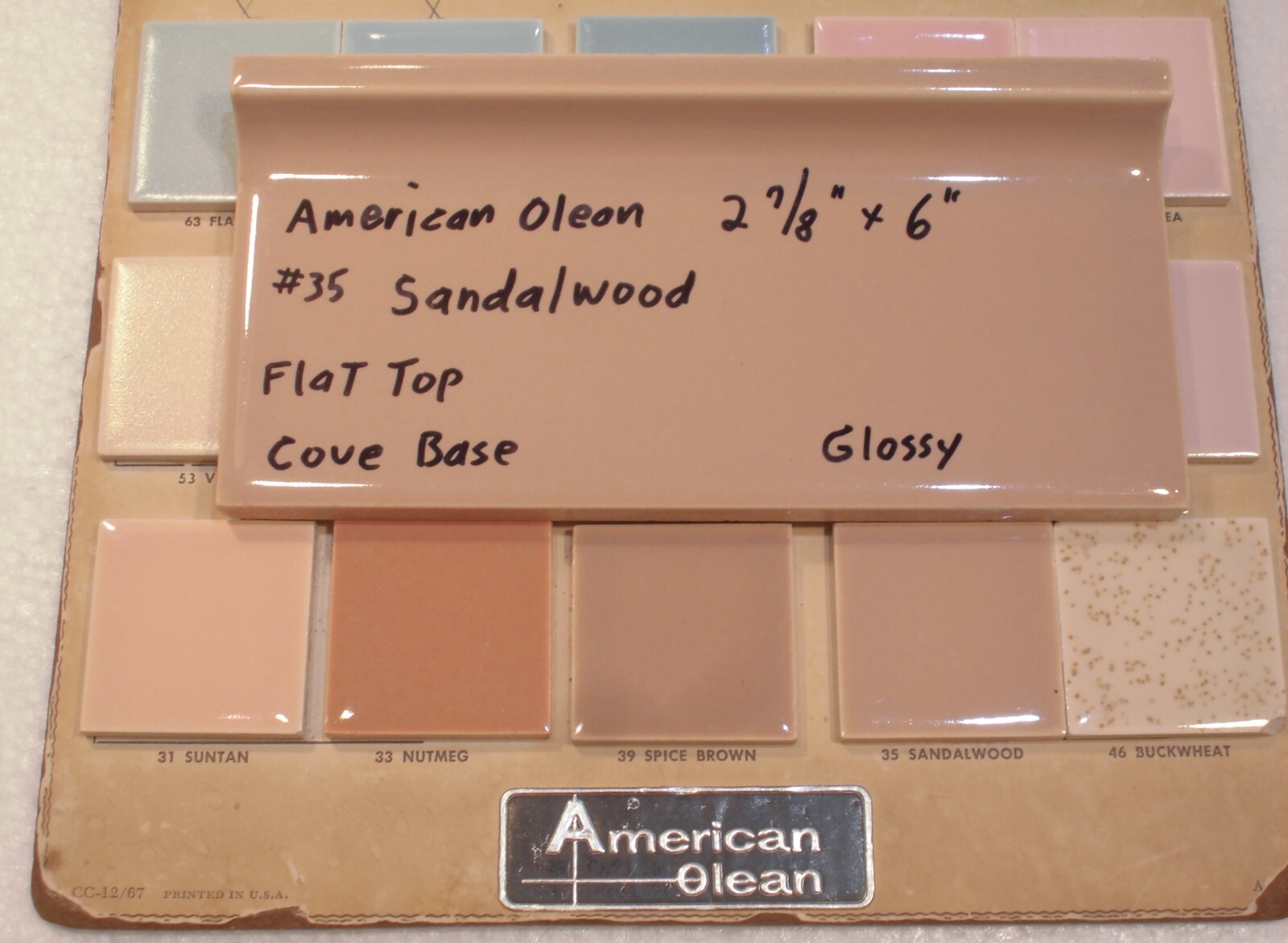 1 pc. Medium Brown: Flat Top; base/cove Ceramic Tile; 6″ X 2-7/8″ American Olean