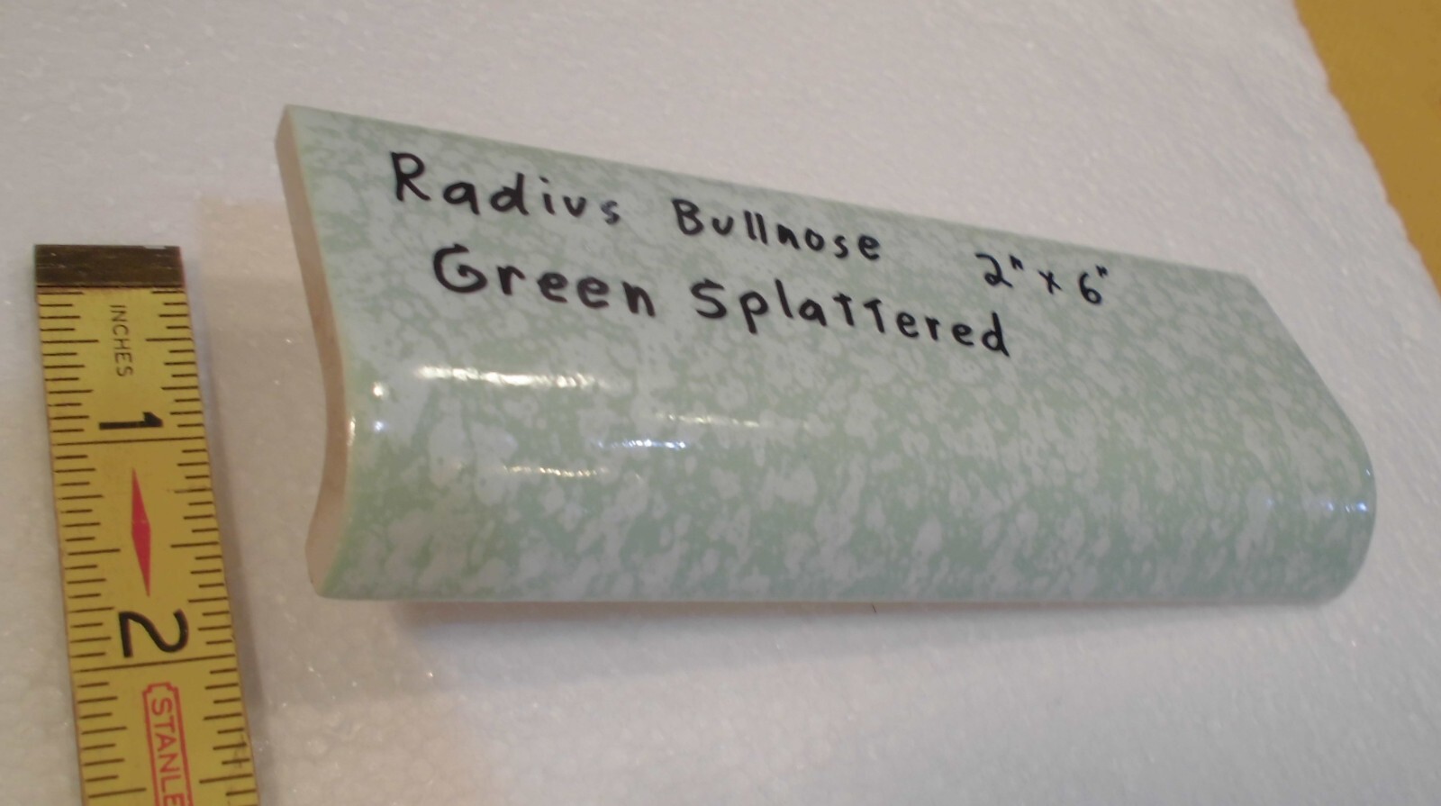1 pc. “Pale Green Splattered” Ceramic Tile: 2″ X 6″ Glossy Radius Bullnose: NOS
