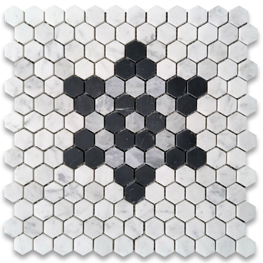 C31F81XH Carrara White Marble 1 inch Hexagon?Hexastar?Mosaic Tile Black Gray