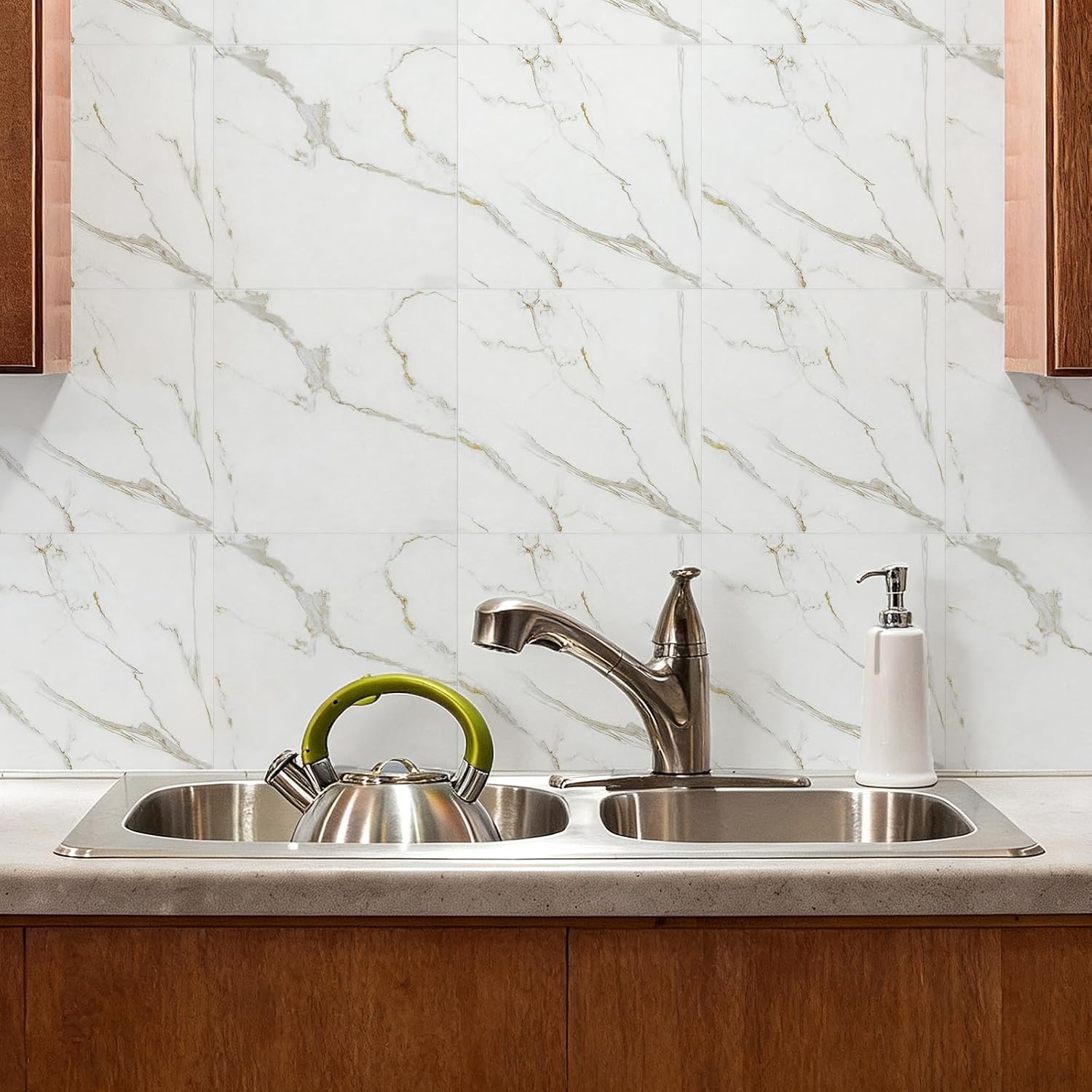 White w/ Gray & Gold Veins 12x12in Peel & Stick PVC Backsplash Tiles (10pcs)