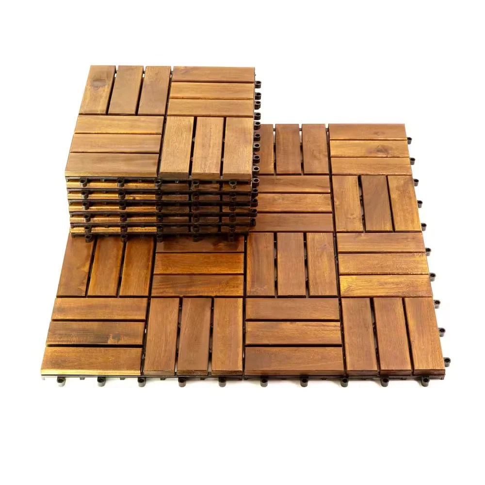 12×12 Acacia Wood Interlocking Deck Tiles Checker Pattern Brown 10 Pack