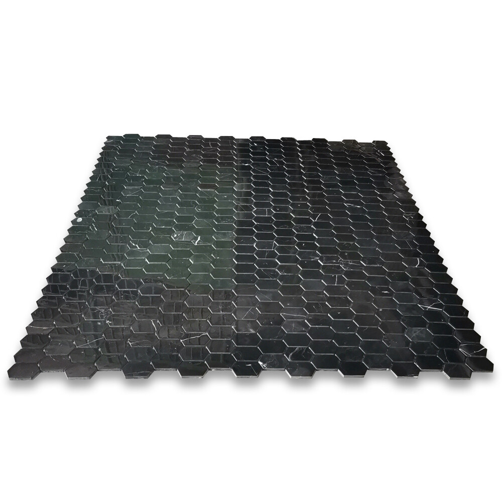 N30AXP Nero Marquina Black Marble Constellation Hexagon Mosaic Tile Polished