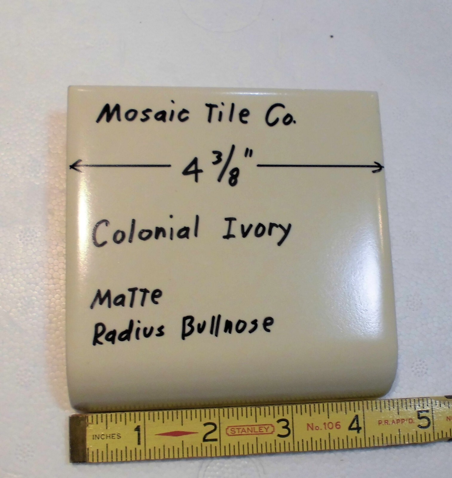 1 pc. Colonial Ivory: Radius Bullnose Matte Ceramic Tile 4-3/8″ by Mosaic Co.