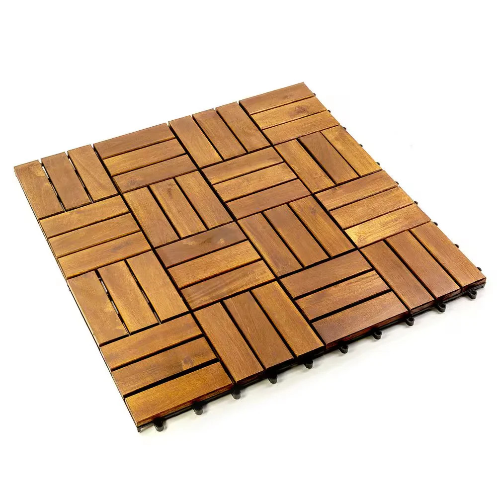 12×12 Acacia Wood Interlocking Deck Tiles Checker Pattern Brown 10 Pack