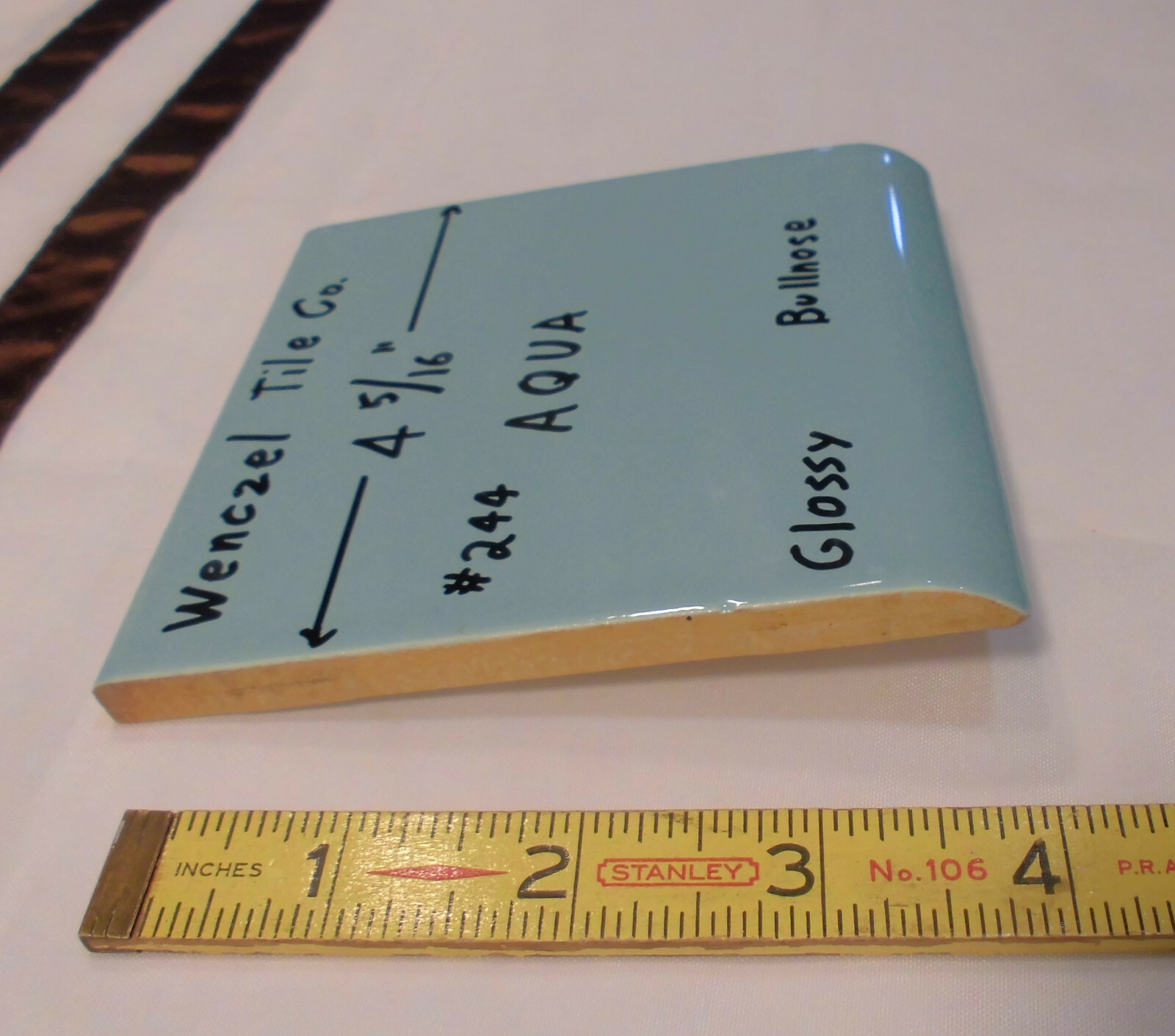 1 pc. Aqua #244; Blue-Green Glossy Ceramic Tile; Wenczel Tile 4-5/16″ Bullnose