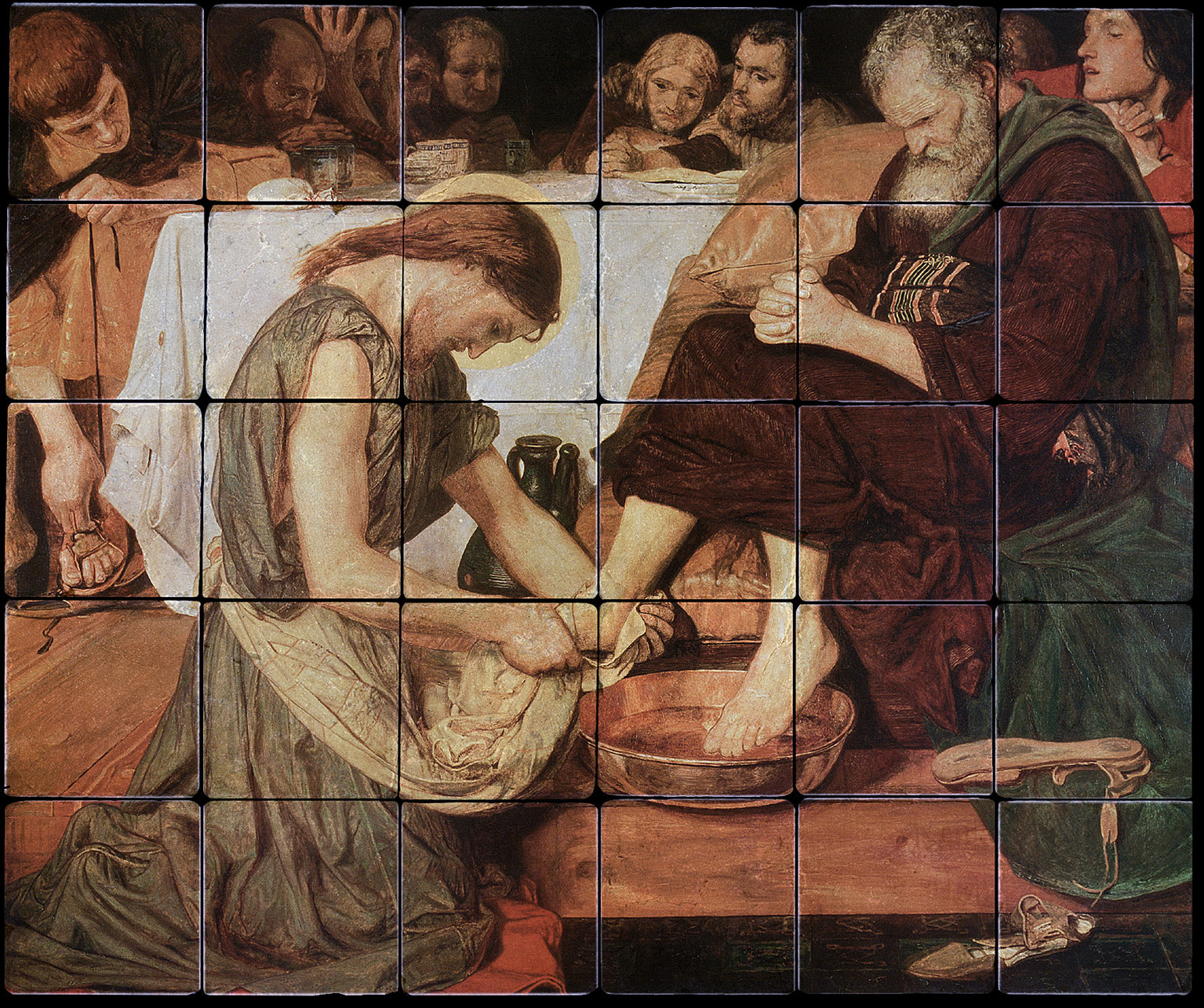 24×20 Jesus Washing Peter’s Feet, Religious Tumbled Marble Tiles Stone Mural