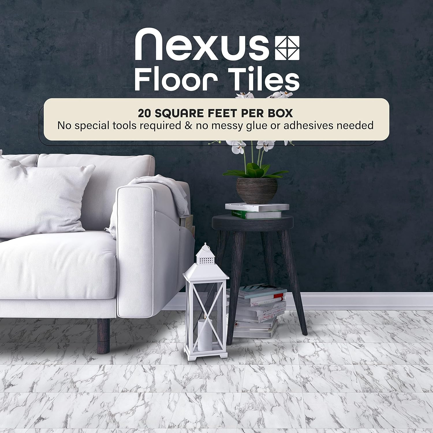 Nexus Self Adhesive 12-Inch Vinyl Floor Tiles, 20 Tiles – 12″ x 12″, Bianco Marb