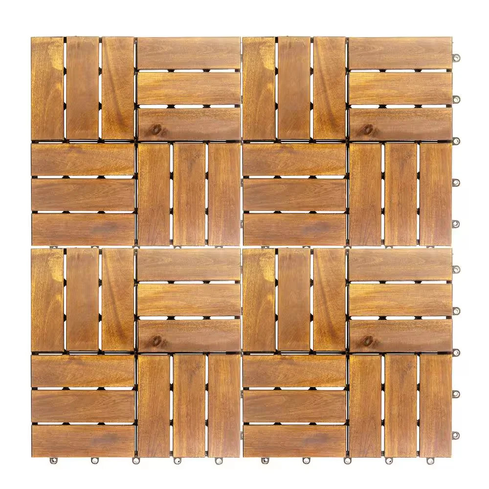12×12 Acacia Wood Interlocking Deck Tiles Checker Pattern Brown 10 Pack