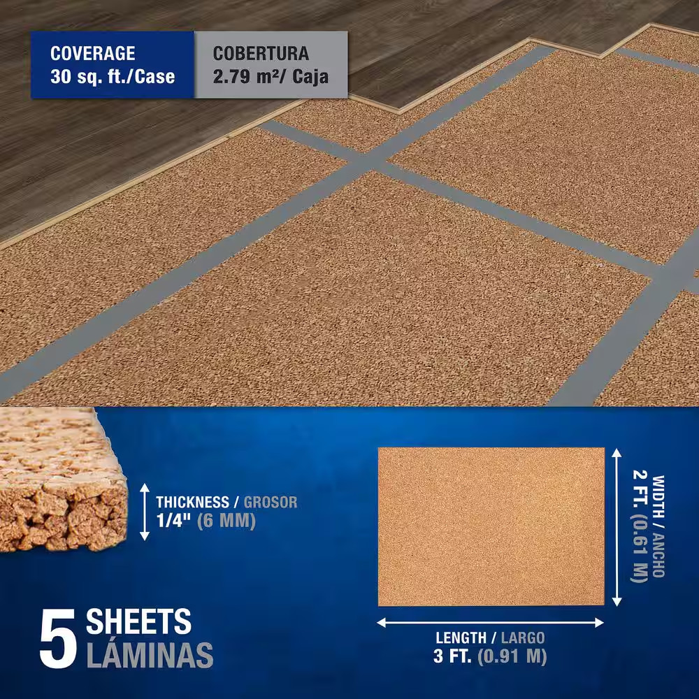 30 Sq. Ft. 2 Ft. Wide X 3 Ft. Long X 6Mm Thick Natural Cork Sound Dampening Unde