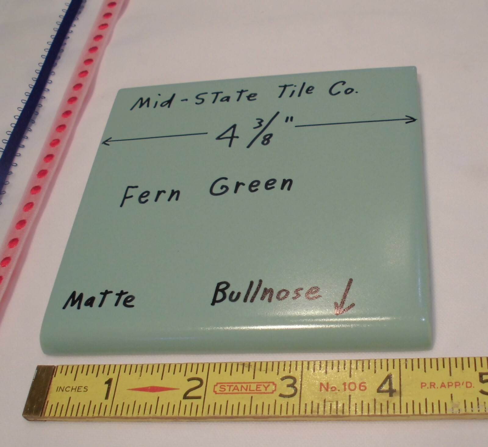 1 pc. Fern Green; Matte Bullnose Ceramic Tile 4-3/8″ by Mid-State Co. NOS